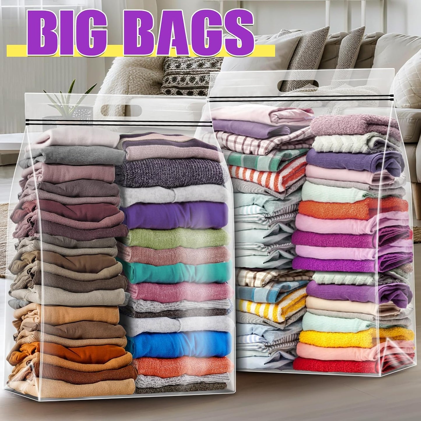 25 Gallon Extra Large Storage Bags 35”x 24”Resealable Clear Bags with Handle 4 Mil Thick Heavy Duty Big Bag for Clothes Pillow Travel Moving,Bedding,Shoes and Toys Storage, Pack of 6