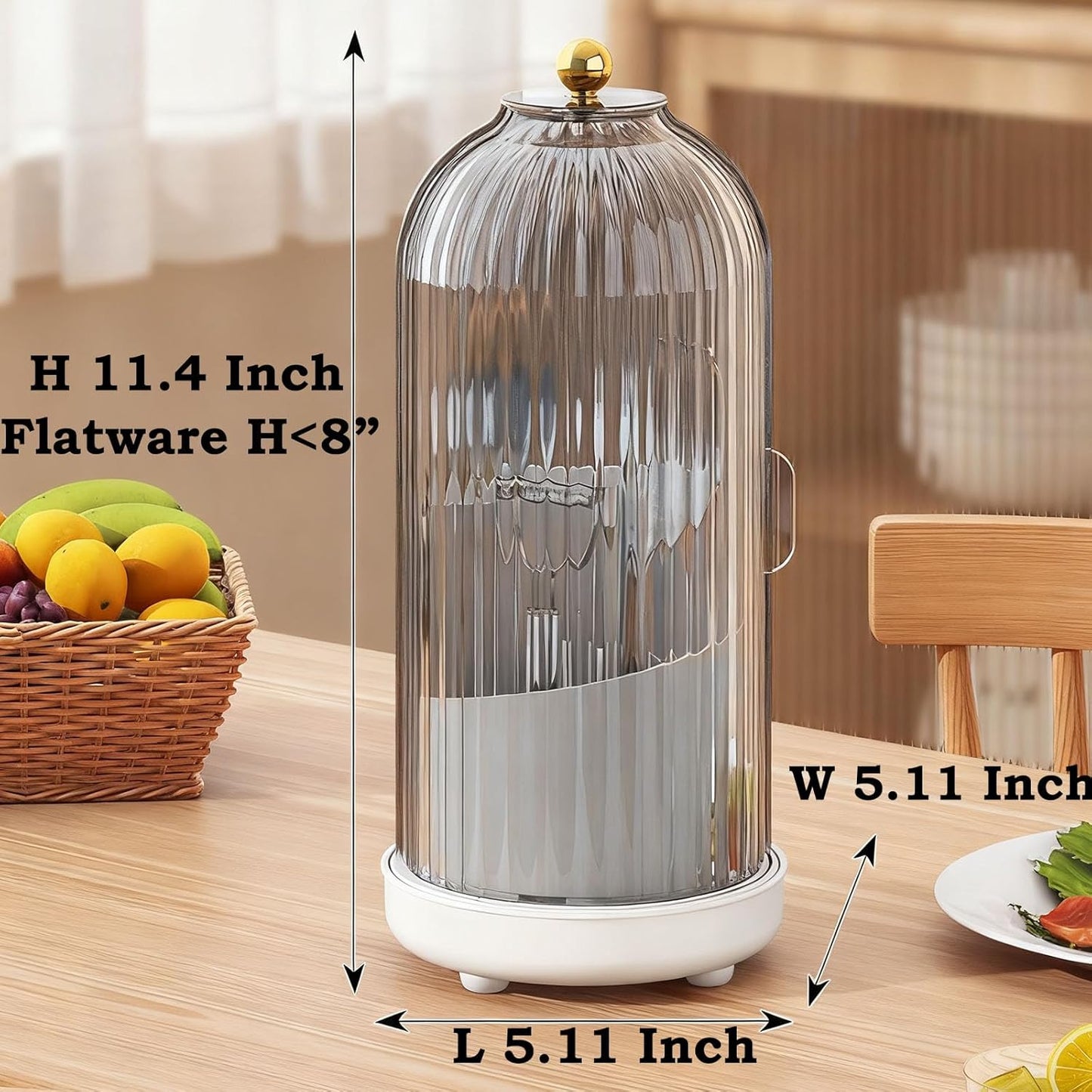 JEESA Utensil Holder with Lid, 360° Rotating Flatware Organizer for Cutlery Spoon Fork(H Less 8"), Silverware Caddy Organizer Drainage Dustproof Flatware Holder Kitchen Countertop Storage, Gray