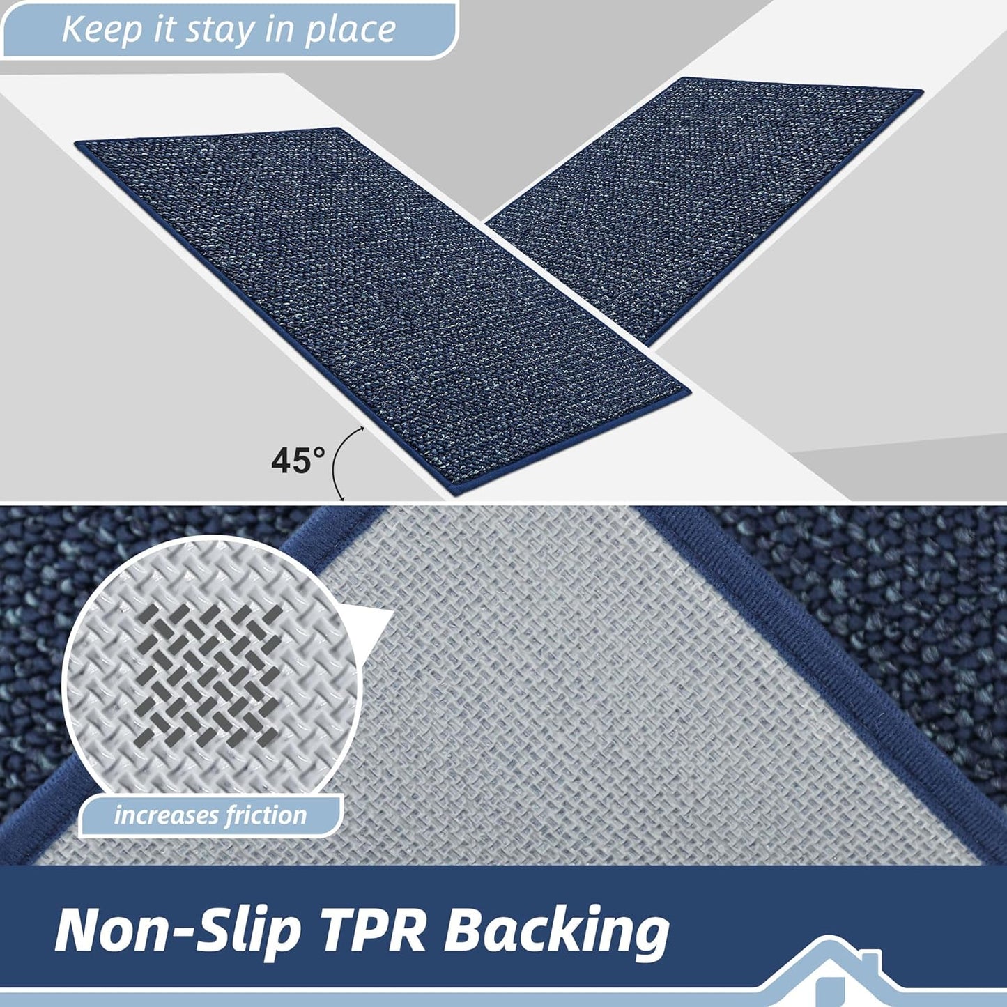 BEQHAUSE Kitchen Runner Rugs 20"x48", Non-Slip Kitchen Mats for Floor, Super Absorbent and Stain Resistant Kitchen Rug, Machine Washable Rugs for Kitchen, Hallway, Laundry & Sink, Blue