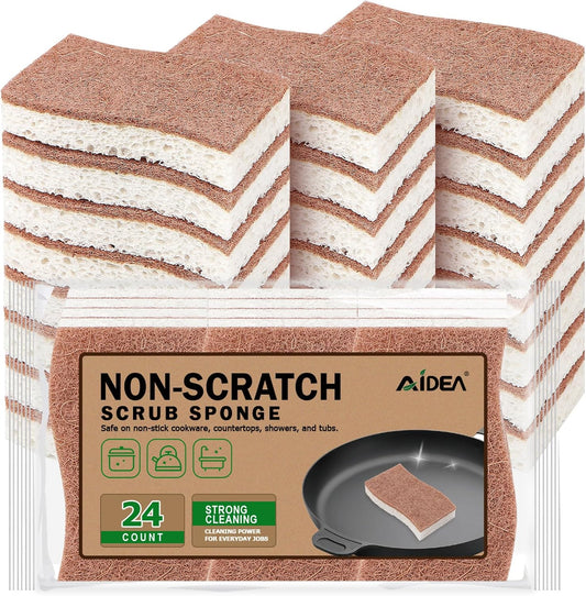 AIDEA Sponges Non Scratch, 24Count, Natural Sponge for Non Stick Cookware, Sponges Kitchen, Cellulose Scrub Sponge for Dishes, Cleaning Power for Kitchen, Bathroom, Household