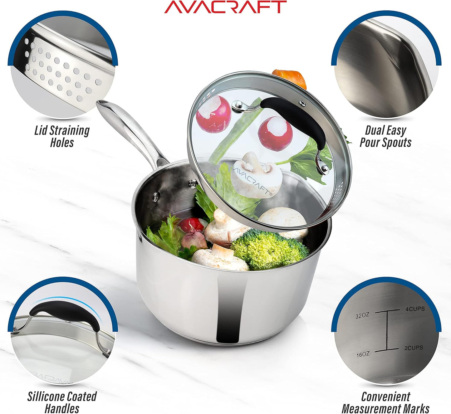 AVACRAFT Multipurpose Sauce Pan/Pot, Stainless Steel with Glass Strainer Lid, Two Side Spouts for Easy Pour with Ergonomic Handle (5-Ply Capsule Bottom, 1.5 Quart)