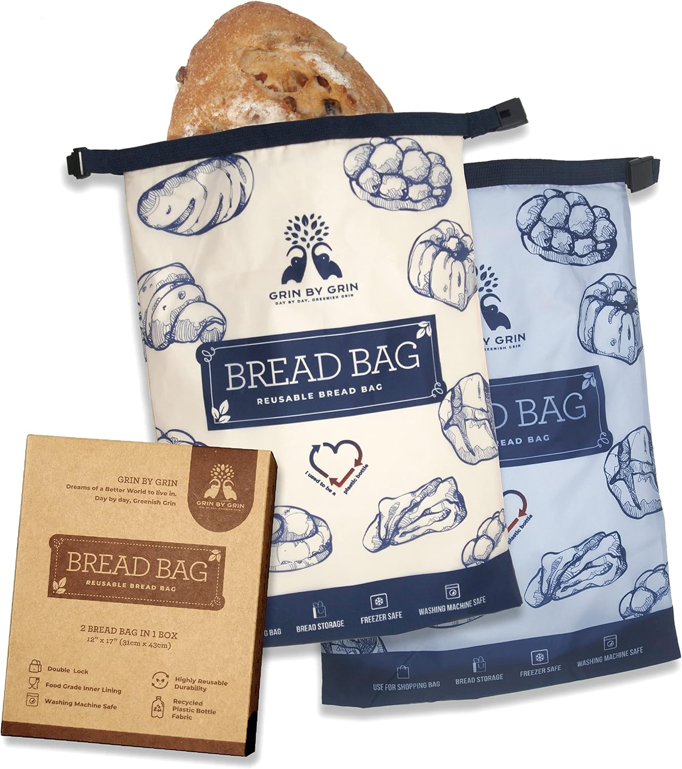 GRIN BY GRIN- 2 Packs Bread Bags, Zipper Reusable Bread Bags for Homemade Loaf, Freezer Sourdough Container, Fresh Keeping Extra Large, Reusable Food Storage Bag