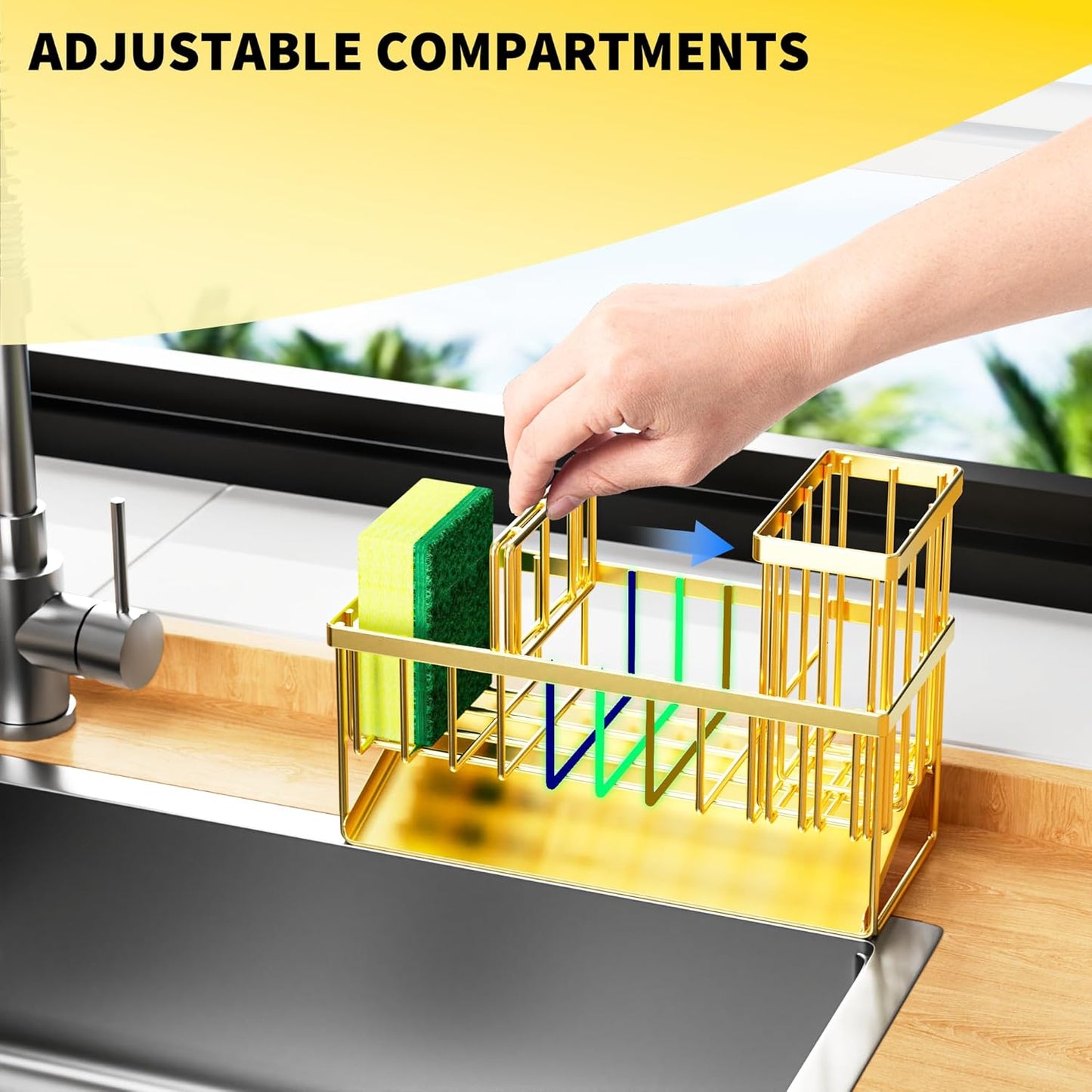 Cisily Gold Kitchen Sink Caddy Organzier with High Brush Holder, Sponge Holder for Sink, 304 Rustproof Stainless, Kitchen Countertop Soap Dispenser Organizer, Home Decor and Accessories