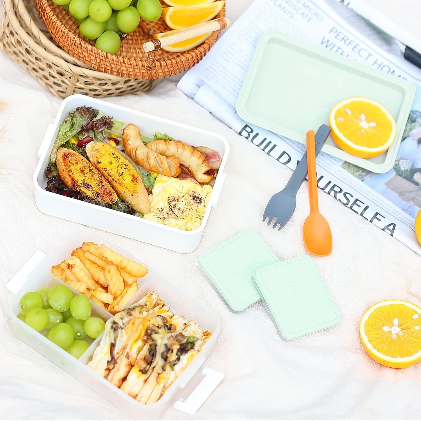 linoroso Stackable Bento Box Adult Lunch Box | Meet All You On-the-Go Needs for Food, Salad and Snack Box, Premium Bento Lunch Box for Adults Include Utensil Set, Dressing Containers - Chalk White