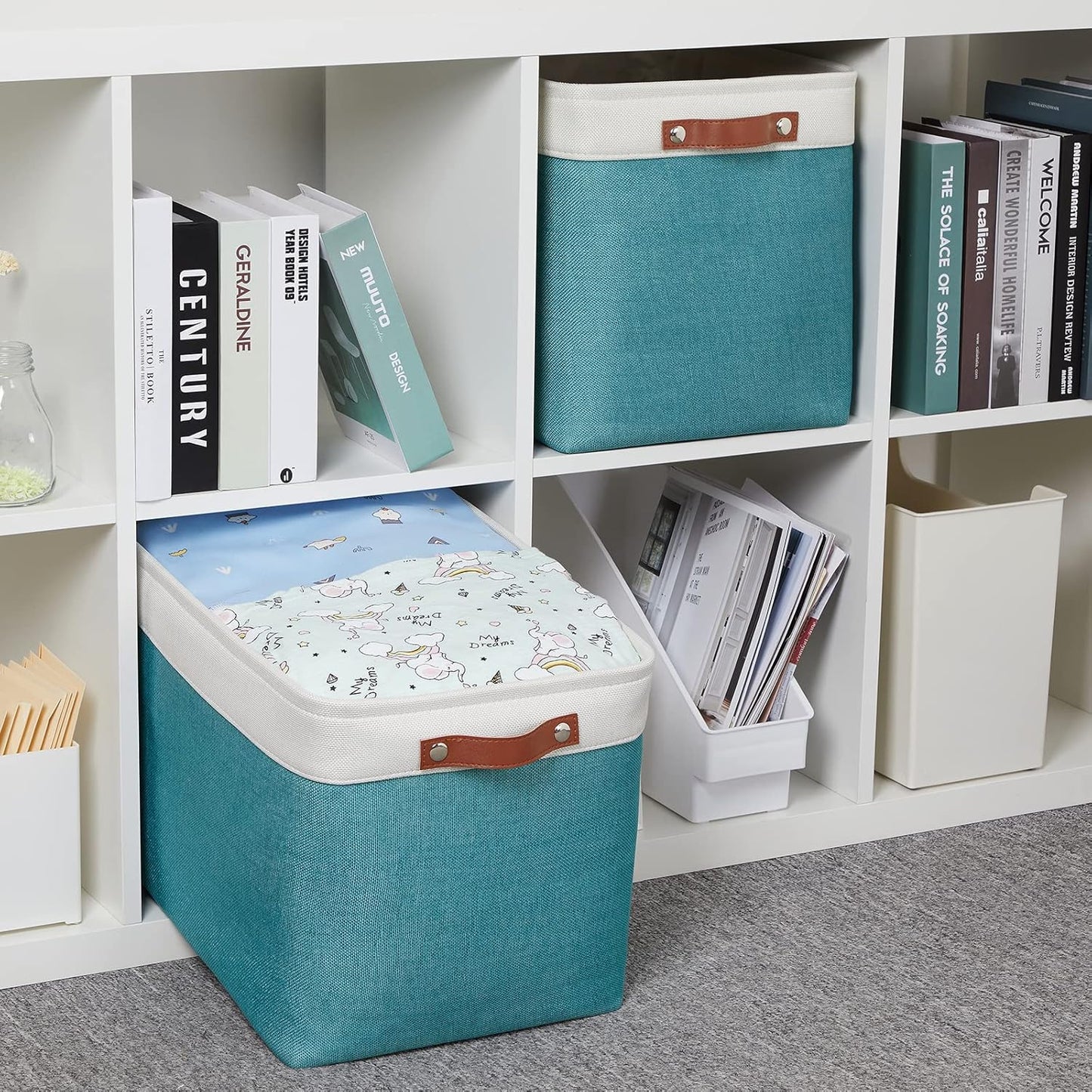 HNZIGE Extra Large Fabric Storage Bin Baskets for Organizing Shelves [2 Pack] Storage Baskets for Closet 16" X 11.8" X 11.8" Rectangular Storage Basket Bin for Organization Living Room(Teal&White)