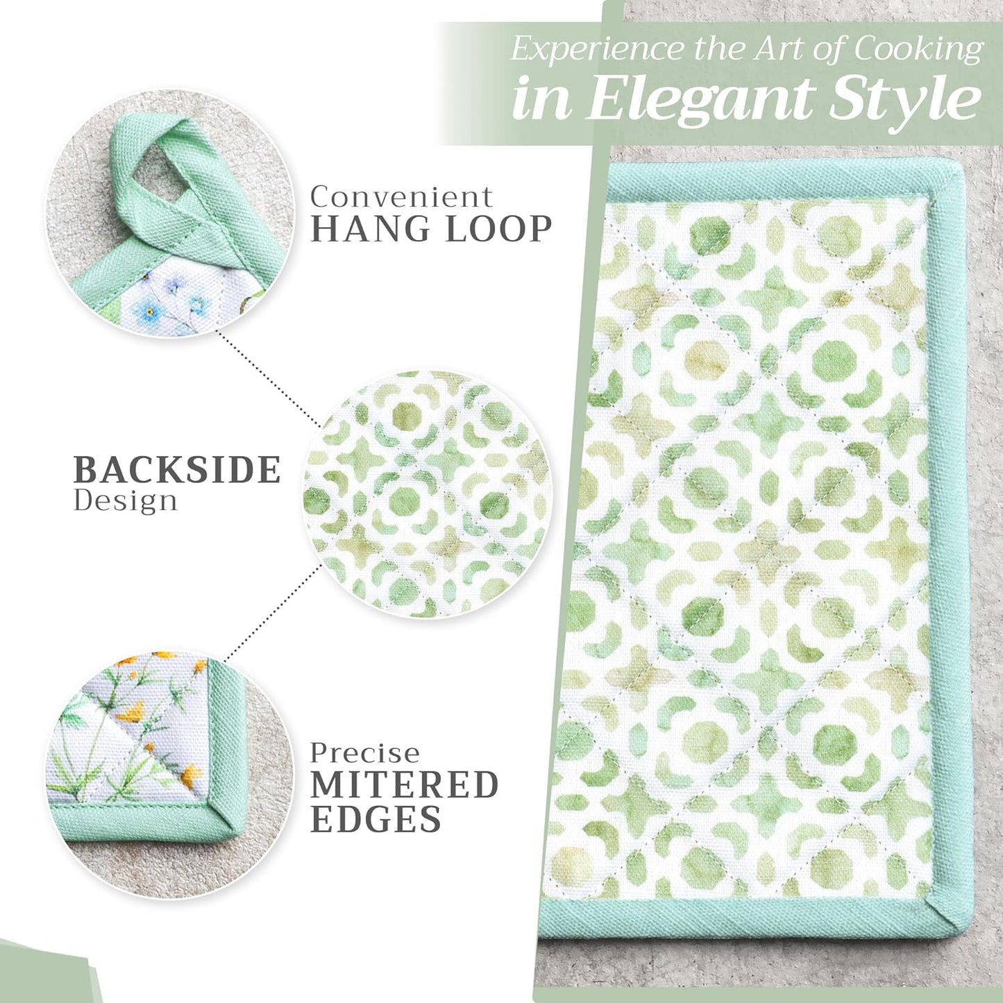 Maison d' Hermine 100% Cotton Oven Mitt & Pot Holder Set (7.5"x13" & 8"x8") Heat Resistant BBQ Cooking Gloves with Loop, Baking, Grilling, Kitchen, Handling Hot Pans Spring/Summer (Just Floral)