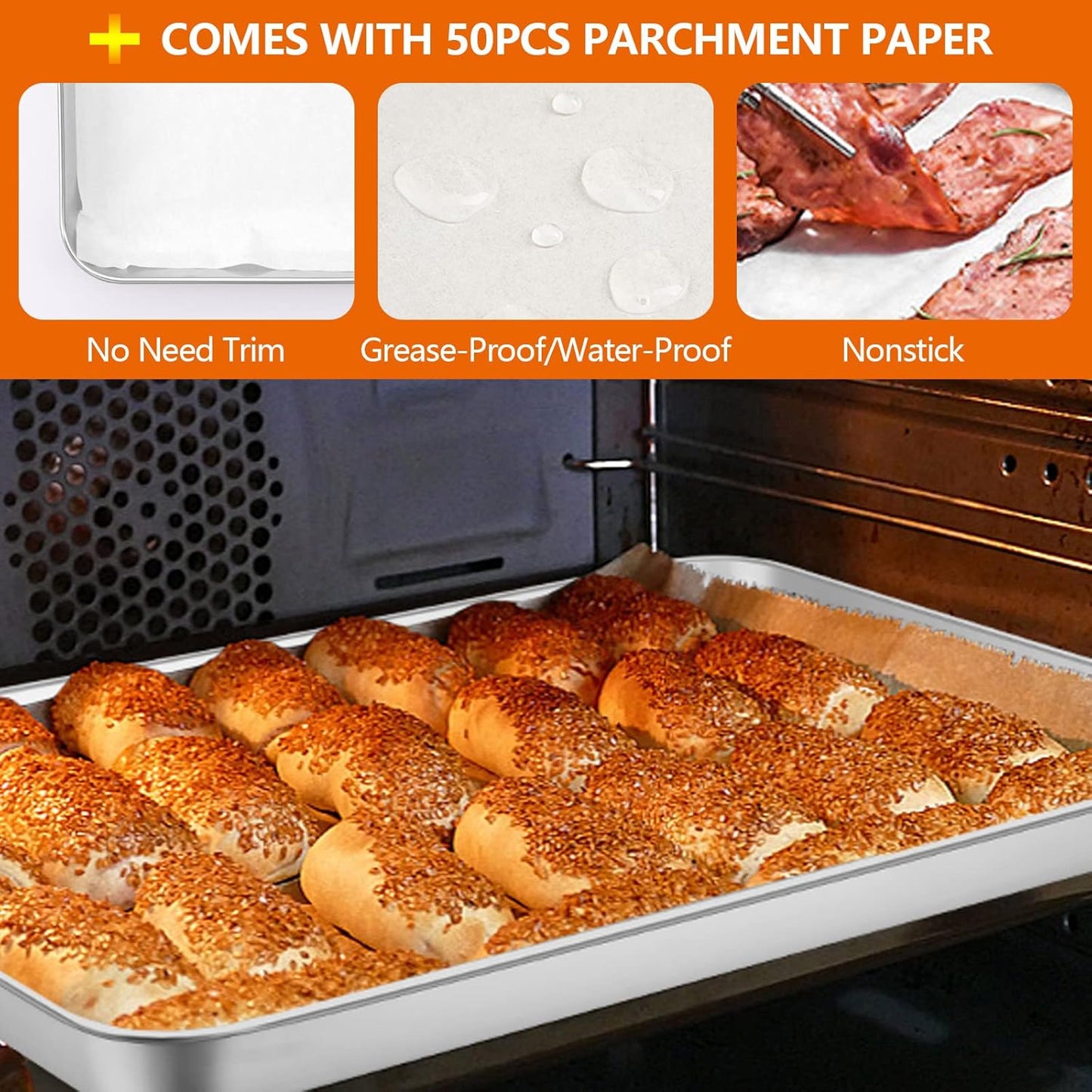 E-far Extra Large Baking Sheet, 20”x14” Stainless Steel Cookie Sheet Pan for Oven with 50 Parchment Paper, Rectangle Metal Baking Tray for Roasting, Rust Free & Heavy Duty, Dishwasher Safe-2 Pack
