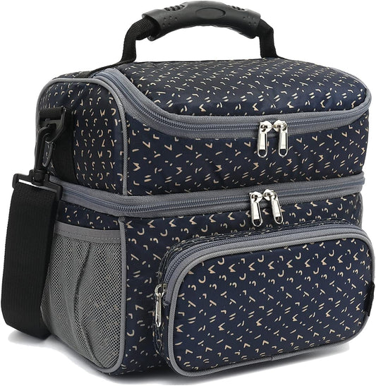 FlowFly Double Layer Cooler Insulated Lunch Bag Adult Lunch Box Large Tote Bag for Men, Women, With Adjustable Strap,Front Pocket and Dual Large Mesh Side Pockets
