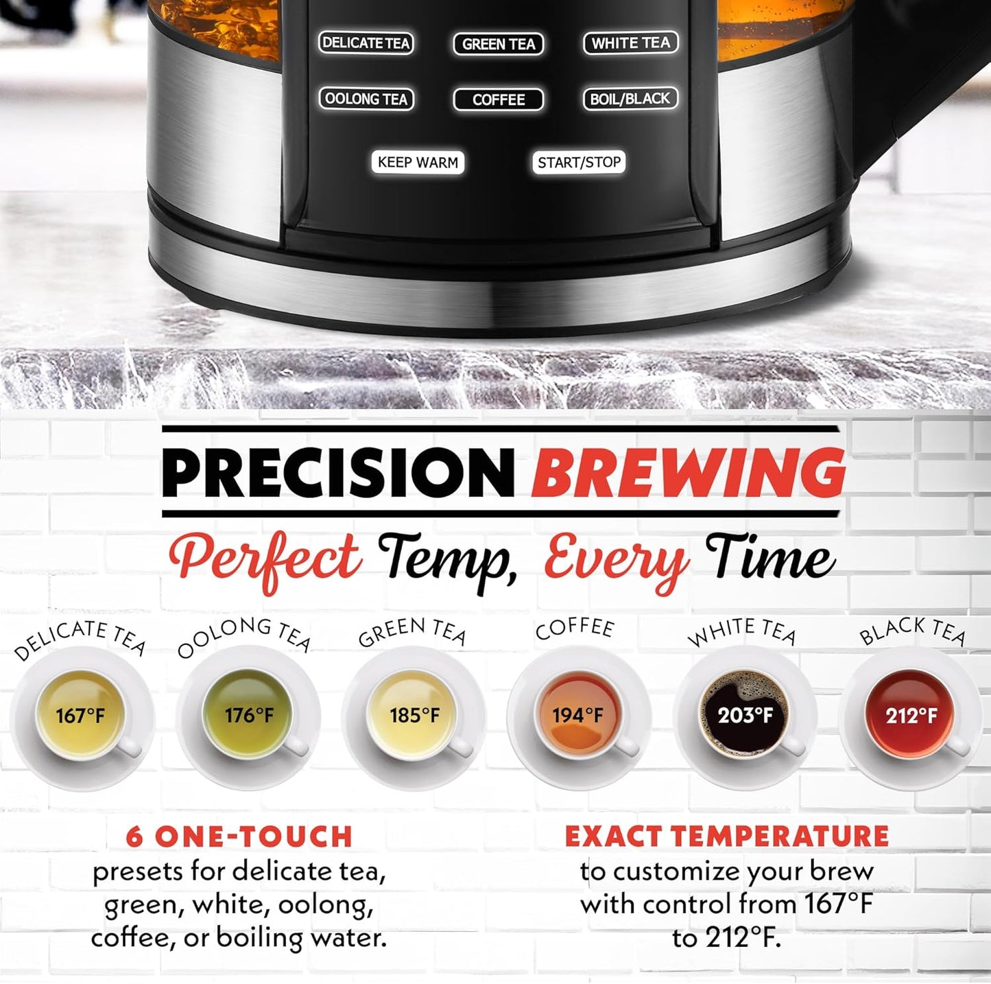 Gourmia Electric Programmable Glass Kettle – 1.7L Temperature Control Tea & Coffee Kettle with Digital Touch Display, 6 Presets, Keep Warm, Removable Stainless Steel Infuser, 360° Swivel Base – Green