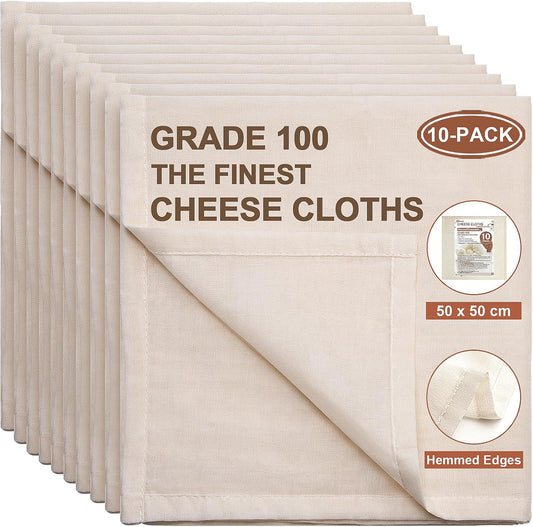 eFond Cheese Cloths | 10-Pack, 20x20Inch Squares with Hemmed Edges | Grade 100 Ultra Fine Reusable Cheesecloth for Straining | Unbleached Cotton Muslin Cloths | for Nut Milk, Butter, Baking & Cooking