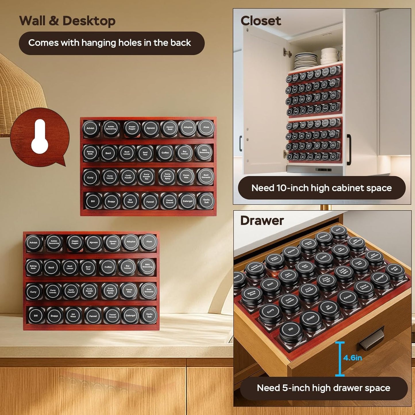 Bamboo Spice Rack Organizer with 28 Spice Jars, 780 Labels, 4 Tier Wood Hanging Shelf, Chalk Marker and Funnel Set for Drawer Cabinet Kitchen Countertop Wall Mount, Empty 4 oz Glass Jars-Cherry Stain