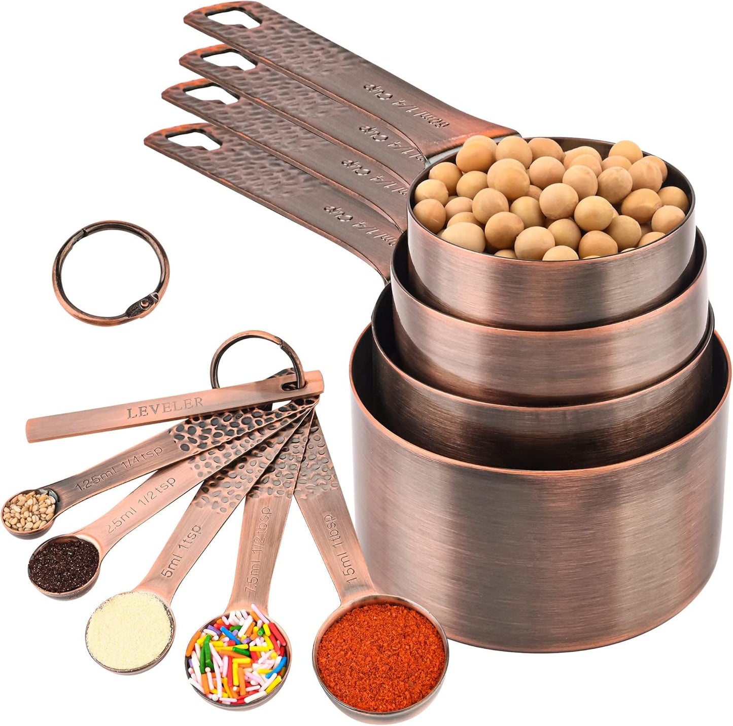 Copper Measuring Cups and Spoons Set 10, Stainless Steel Measuring Cups and Spoons Set for Baking & Kitchen, Metric & US 4 Measure Cup & 5 Measure Spoon &1Leveler for Dry & Liquid