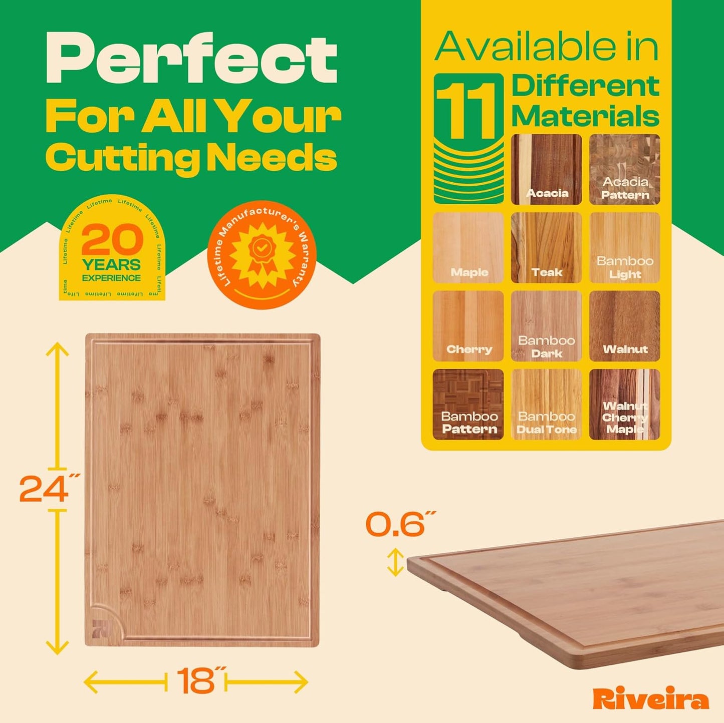 Riveira Brown Bamboo Wood Cutting Board – Gourmet Bamboo Grandeur: 24 x 18 Wooden Cutting Board – Wooden Cutting Boards For Kitchen Decorative – Innovative Juice Grooves Wooden Chopping Board