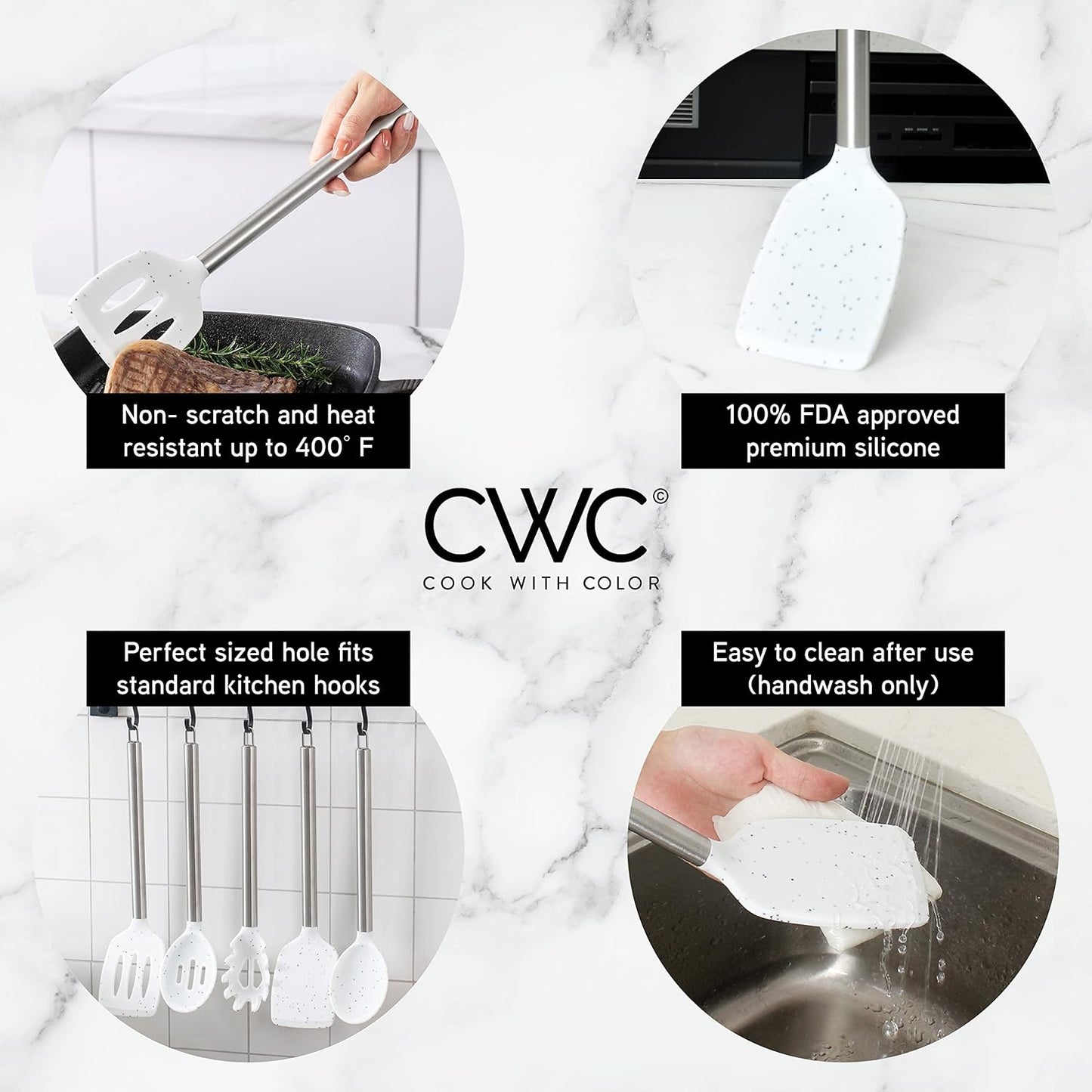 COOK WITH COLOR Silicone Cooking Utensils, Kitchen Utensil Set, Easy to Clean Silicone Kitchen Utensils, Cooking Utensils for Nonstick Cookware, Kitchen Gadgets Set, 5 Pieces, Speckled White