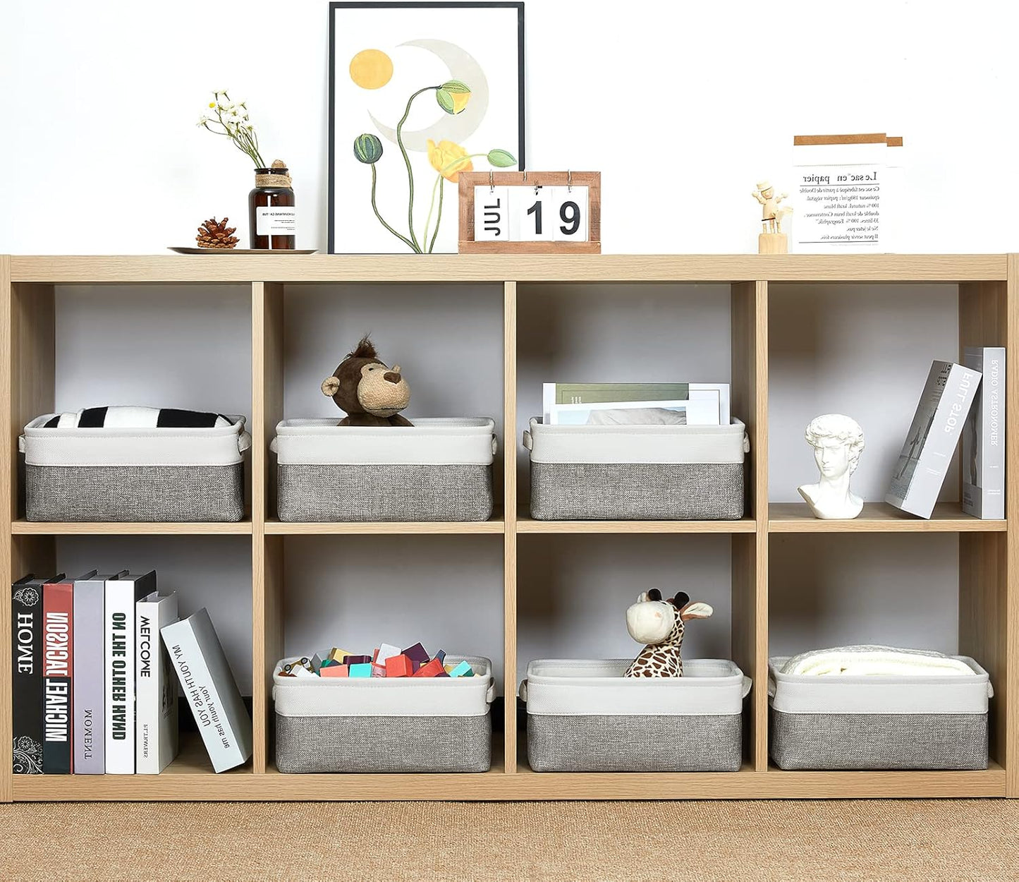 HNZIGE Small Organizer Bins for Shelf,Small Fabric Collapsible Baskets for Organizing Nursery Linen Canvas,Set of 6 Decorative Storage Basket for Storage Closet Toy(White&Gray, 11.8" x 7.8" x 5.1")