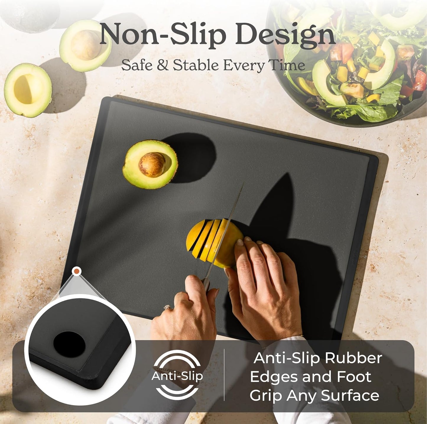 SMIRLY Plastic Cutting Board Set with Holder 3 Pieces, Non-Slip Dishwasher Safe Chopping Boards for Kitchen, Dark Grey