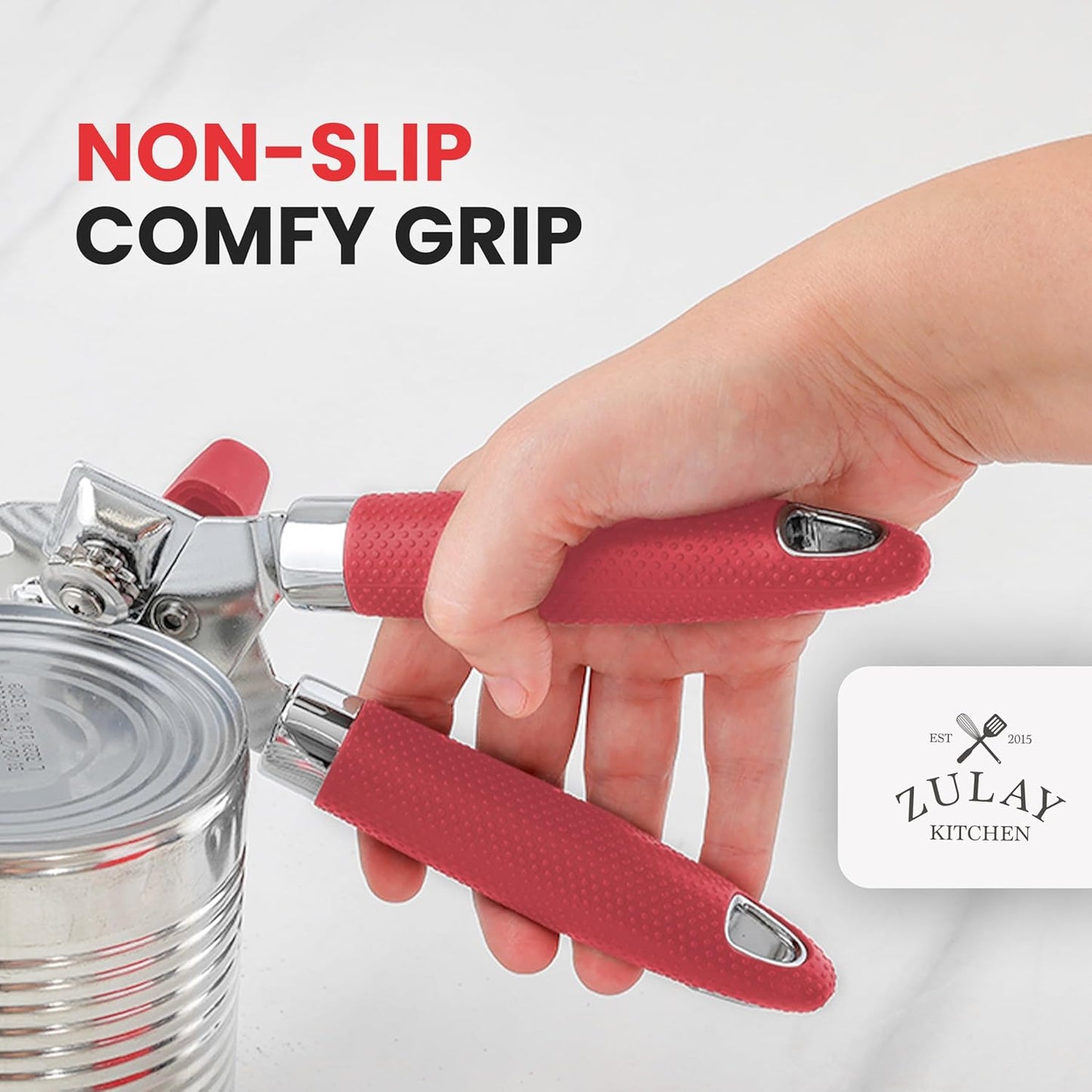 Zulay Kitchen Heavy Duty Stainless Steel Can Opener Manual with Large Bottle Opener - Manual Can Opener with Turn Knob with Soft Grip Handles - Red
