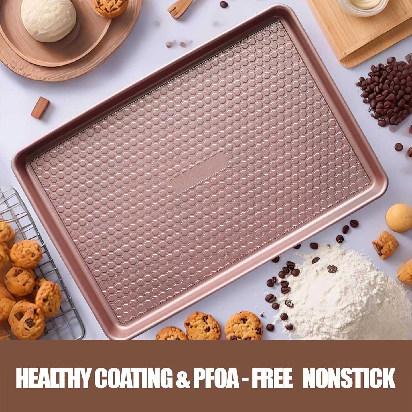 Large Baking Sheet Set (2 Pack) - Half Sheet Pan 17.7x12.2 Inch, 0.8mm Heavy Duty Carbon Steel, Nonstick & Warp Resistant Cookie Sheet for Baking, Roasting, Texture Pattern/Rose Gold