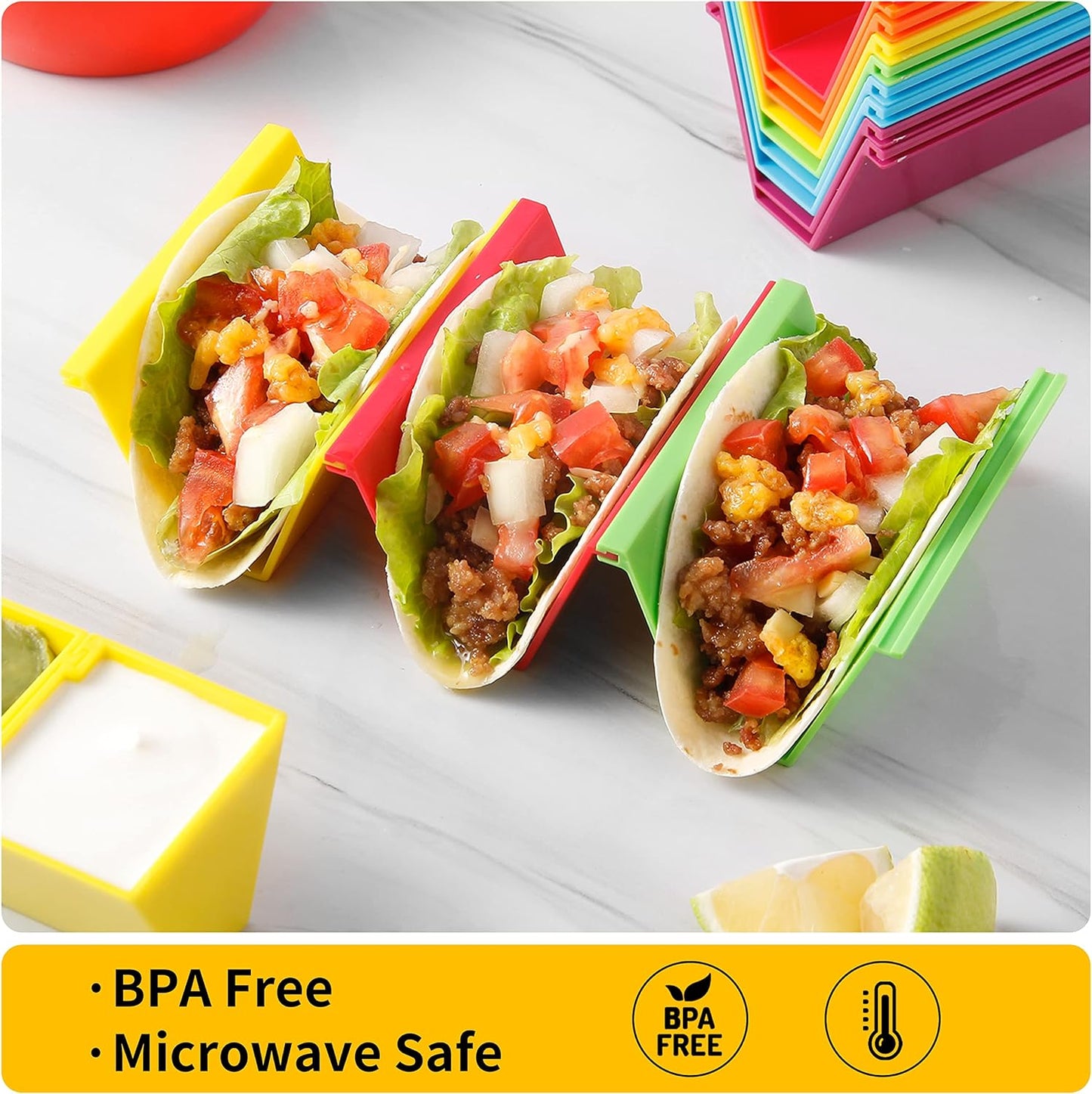 Colorful Taco Holder Stands - Set of 12 with 2 Condiment Dishes,Taco Tray Plates for Taco Bar Gifts & Accessories,Large Plastic Stackble&Convenient Taco Shell Rack,BPA-Free, Dishwasher&Microwave Safe
