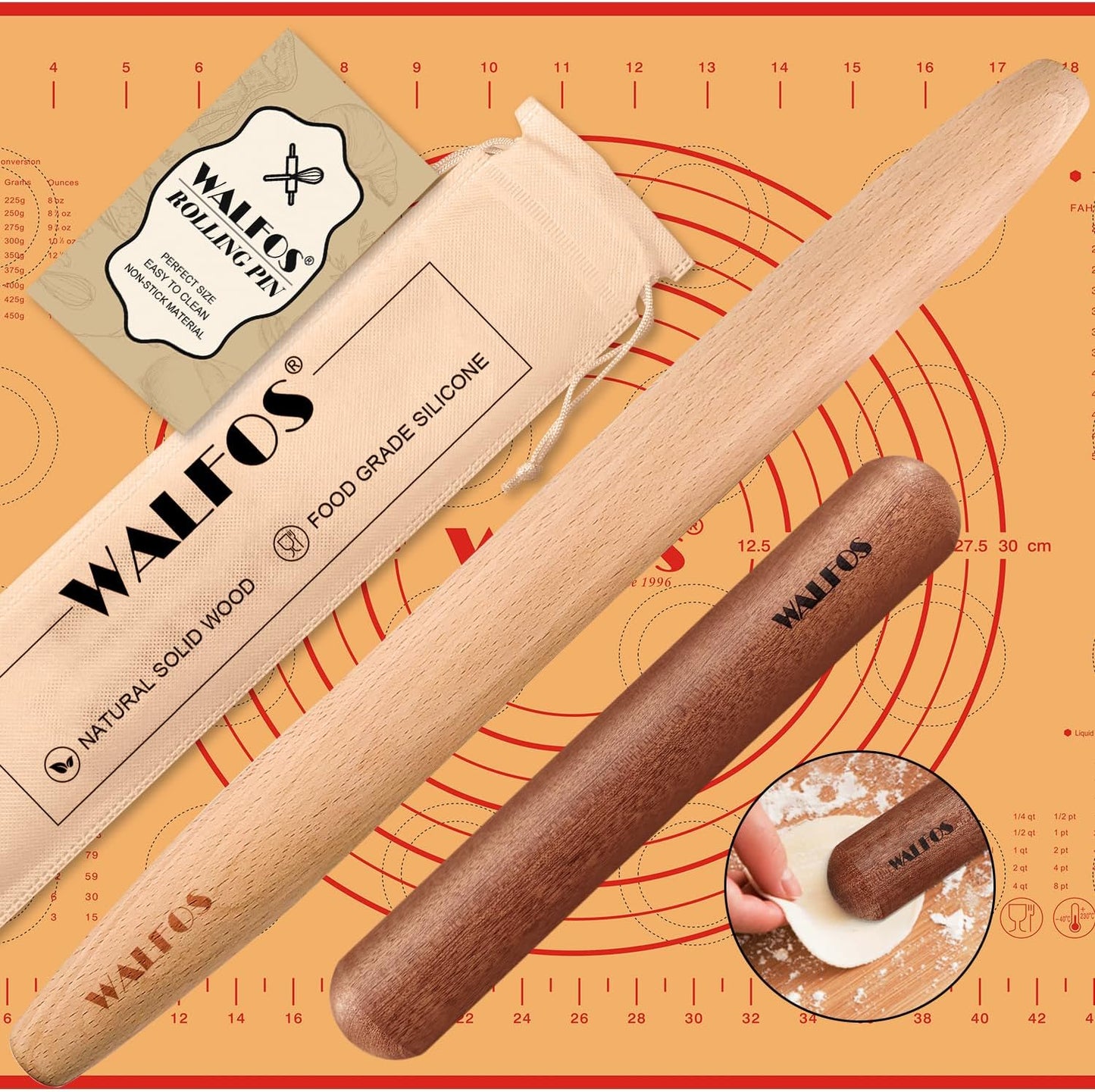 Walfos French Rolling Pin Set - Natural Wooden Rolling Pins (8inch, 15.7inch) With Non-stick Silicone Fiber Pastry Mat, Baking Dough Roller for Pizza, Pie, Pasta, Bread, Pastry
