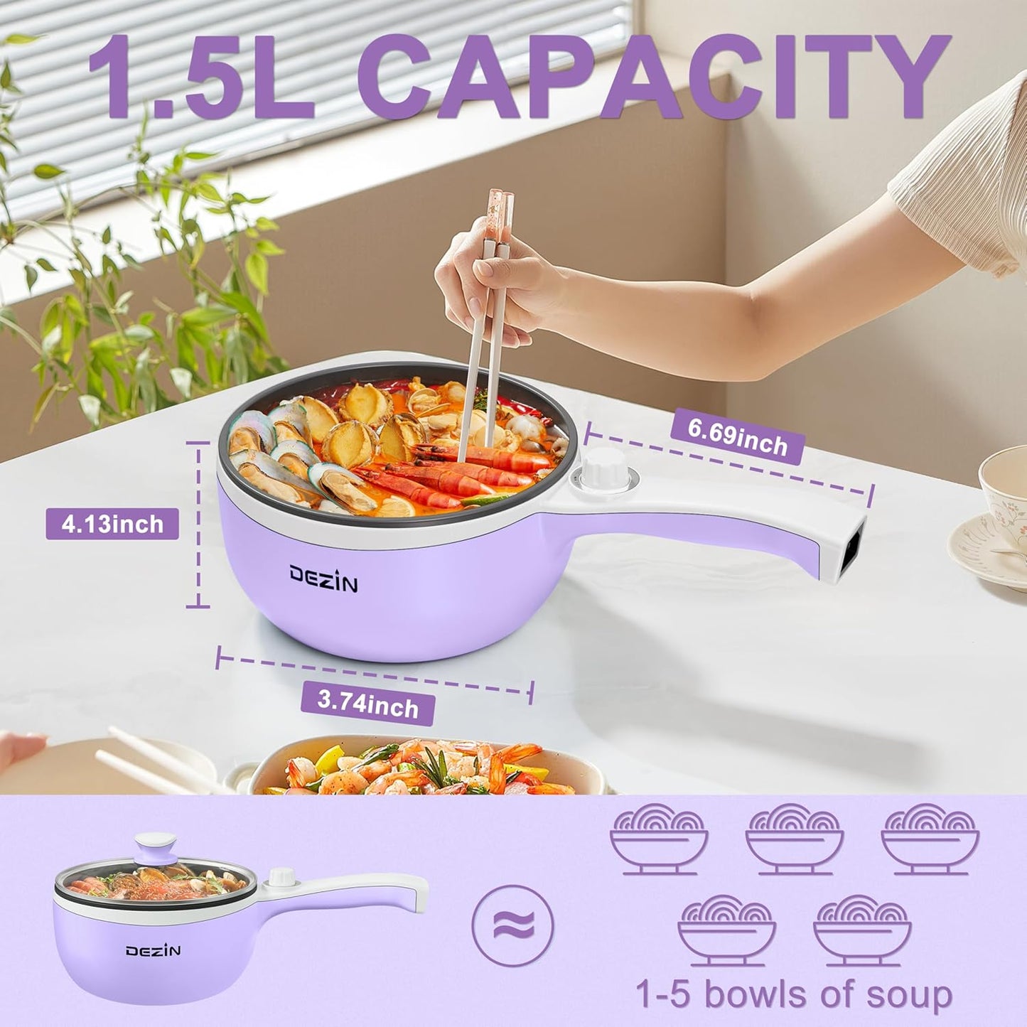 Dezin Hot Pot Electric with Steamer Upgraded, Non-Stick Sauté Pan, Rapid Noodles Electric Pot, 1.5L Mini Pot for Steak, Egg, Fried Rice, Ramen, Oatmeal, Soup with Power Adjustment