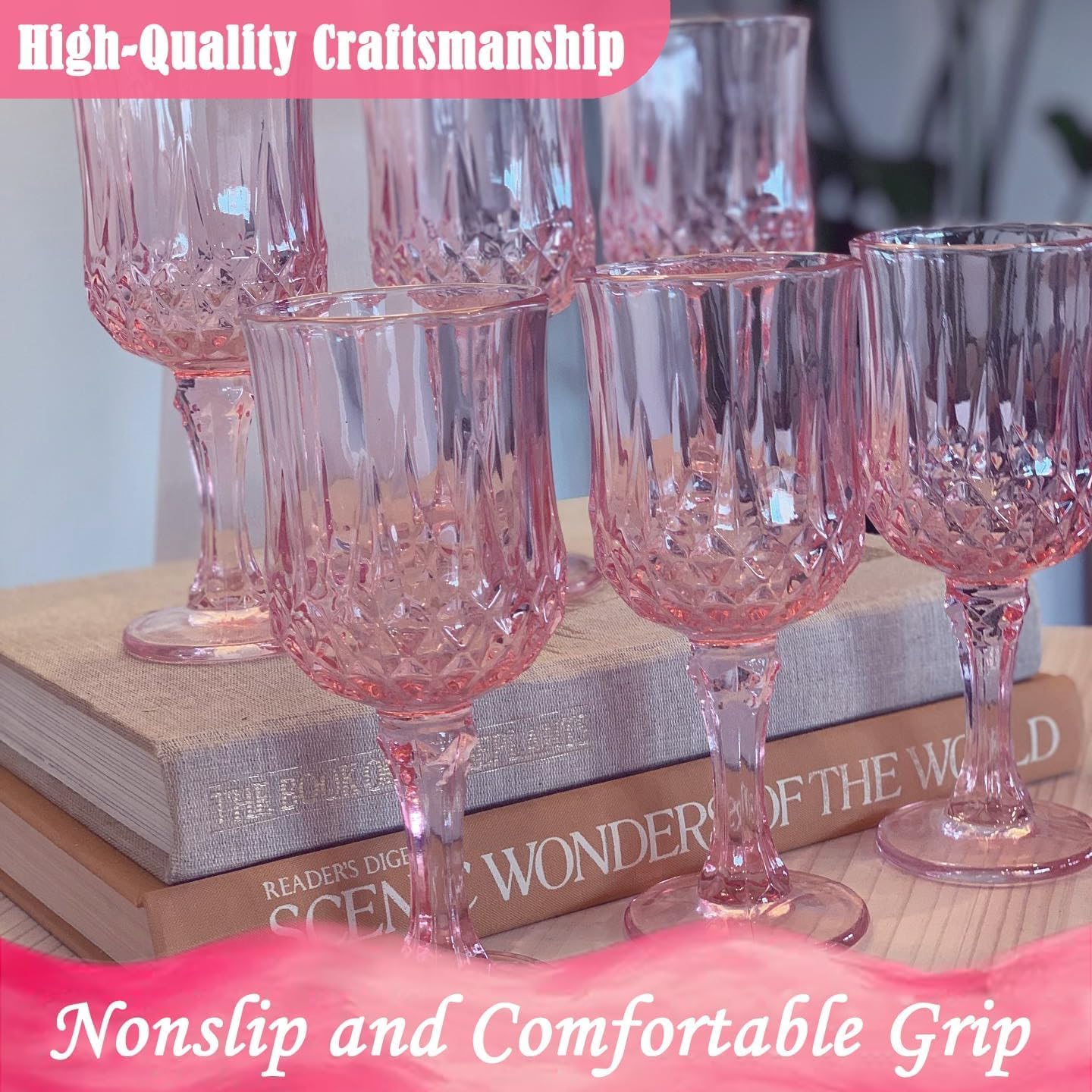 Plastic Wine Glasses，Plastic Goblets Vintage Style Cordial Drinking Glasses for Wedding Reception, Grand Event Party Supplies (100, Pink)