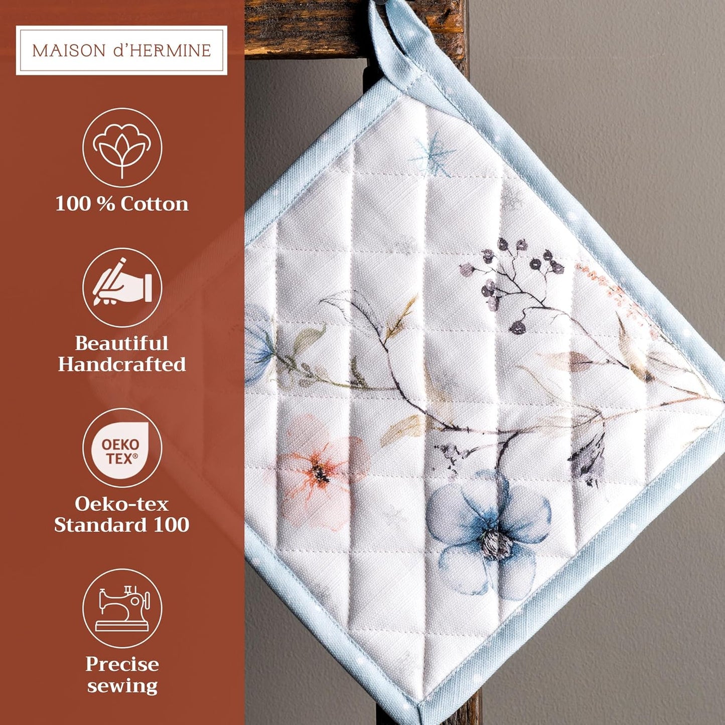 Maison d' Hermine Pot Holders 100% Cotton Heat Resistant Potholders 8" x 8" Hot Pads with Loop BBQ, Cooking, Baking, Grilling, Kitchen, Handling Hot Pans (Pack of 1, Ice Florals)