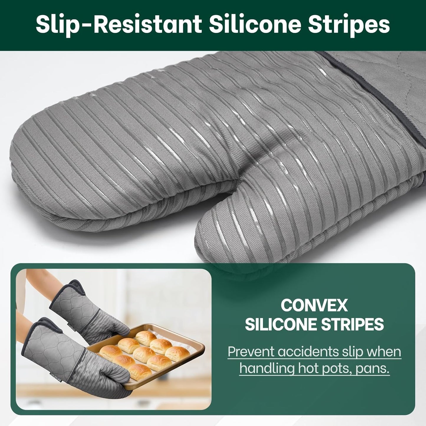 Beneno Kitchen Oven Mitts 2-Pack Heat Resistant to 500°F with Non-Slip Silicone Grip, Extra Long 14.3" Forearm Protection, Soft Quilted Cotton Terry Lining, Ideal for Cooking, Baking, Grilling, Gray