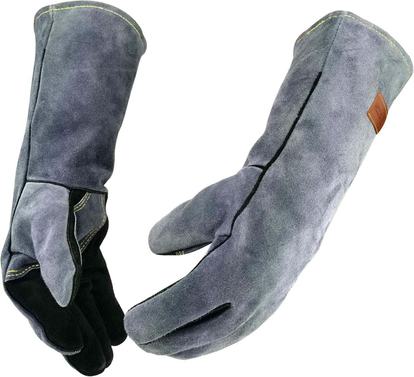 14 Inches,932℉,Leather Welding Gloves medium, Heat/Fire Resistant,Medium Mitts for BBQ,Oven,Grill,Fireplace,Tig,Mig,Forge,Baking,Furnace,Stove,Pot Holder,Animal Handling Glove.M Black-gray