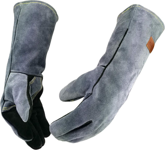 14 Inches,932℉,Leather Welding Gloves medium, Heat/Fire Resistant,Medium Mitts for BBQ,Oven,Grill,Fireplace,Tig,Mig,Forge,Baking,Furnace,Stove,Pot Holder,Animal Handling Glove.M Black-gray