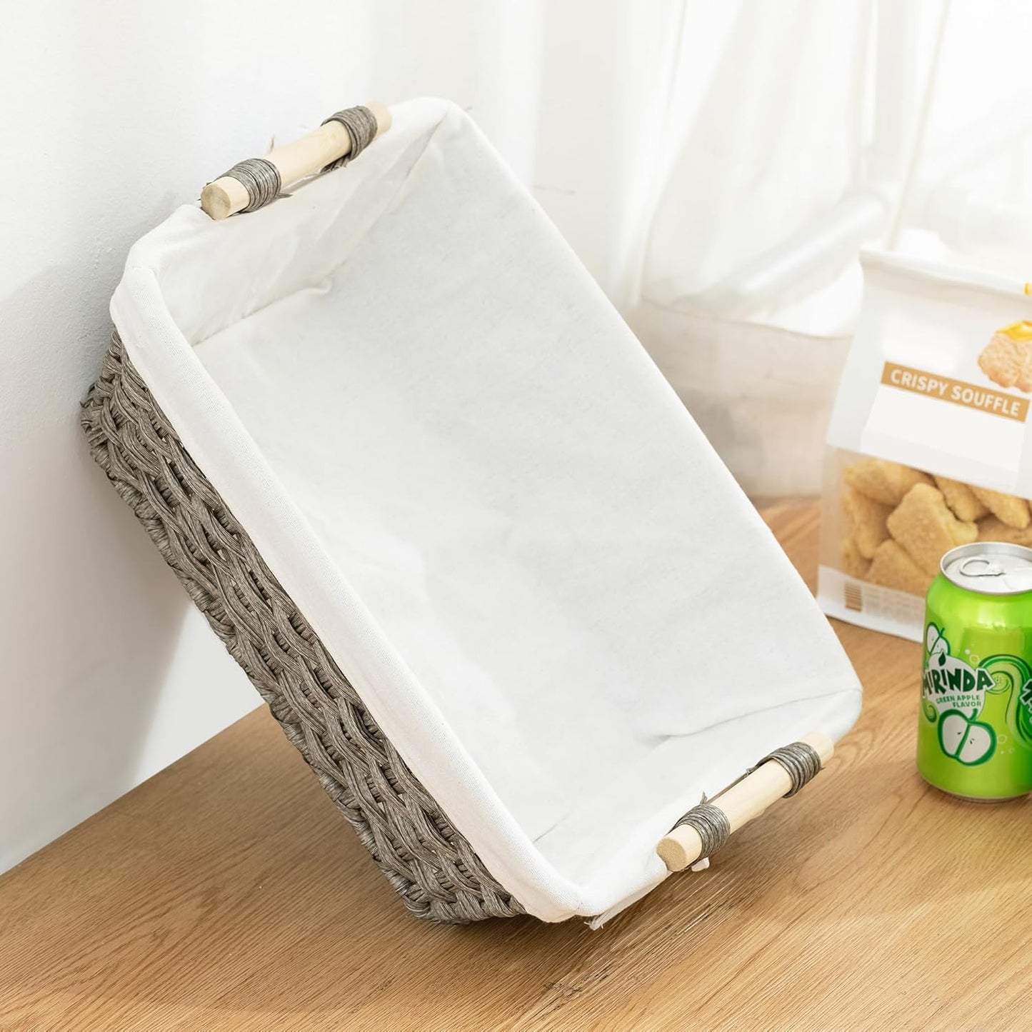 Baskets-Wicker Storage Baskets-Waterproof Wicker with Handles Hand-Woven Blue Handle Food Storage Pantry Woven Storage Boxes, 2 Pack, Home Storage Boxes