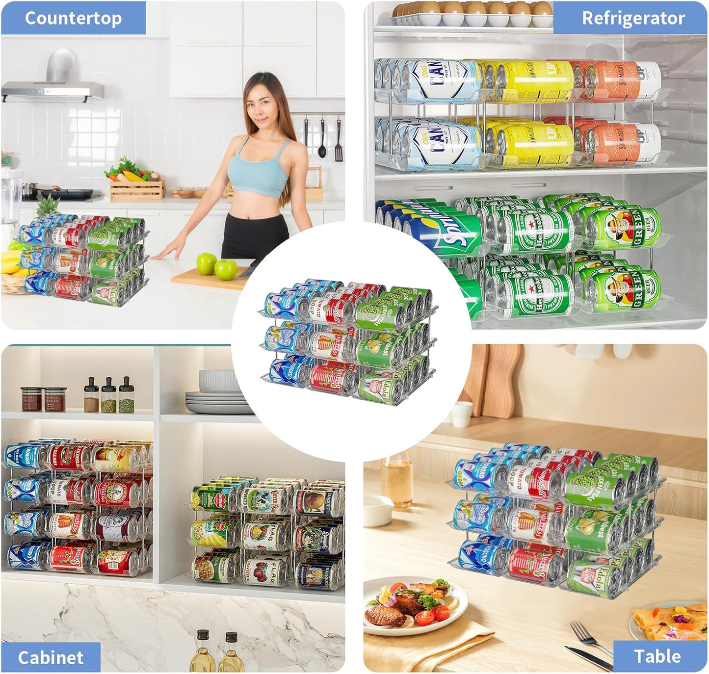 Can Organizer for Pantry Free combination Can Dispenser,Clear 3 Tier Storage Rack for 36 Cans Suitable for Cabinet Pantry Fridge Countertop (3 * 3)