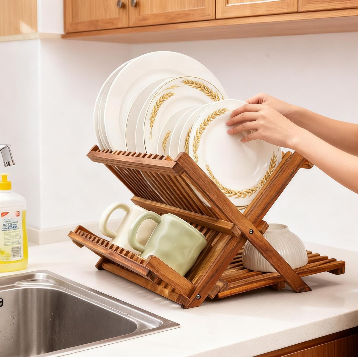 Utoplike 3 Tier Collapsible Teak Wood Dish Drying Rack, Foldable Large Capacity Dish Draine, Space-Saving Countertop Kitchen Organizer for Plates, Cups