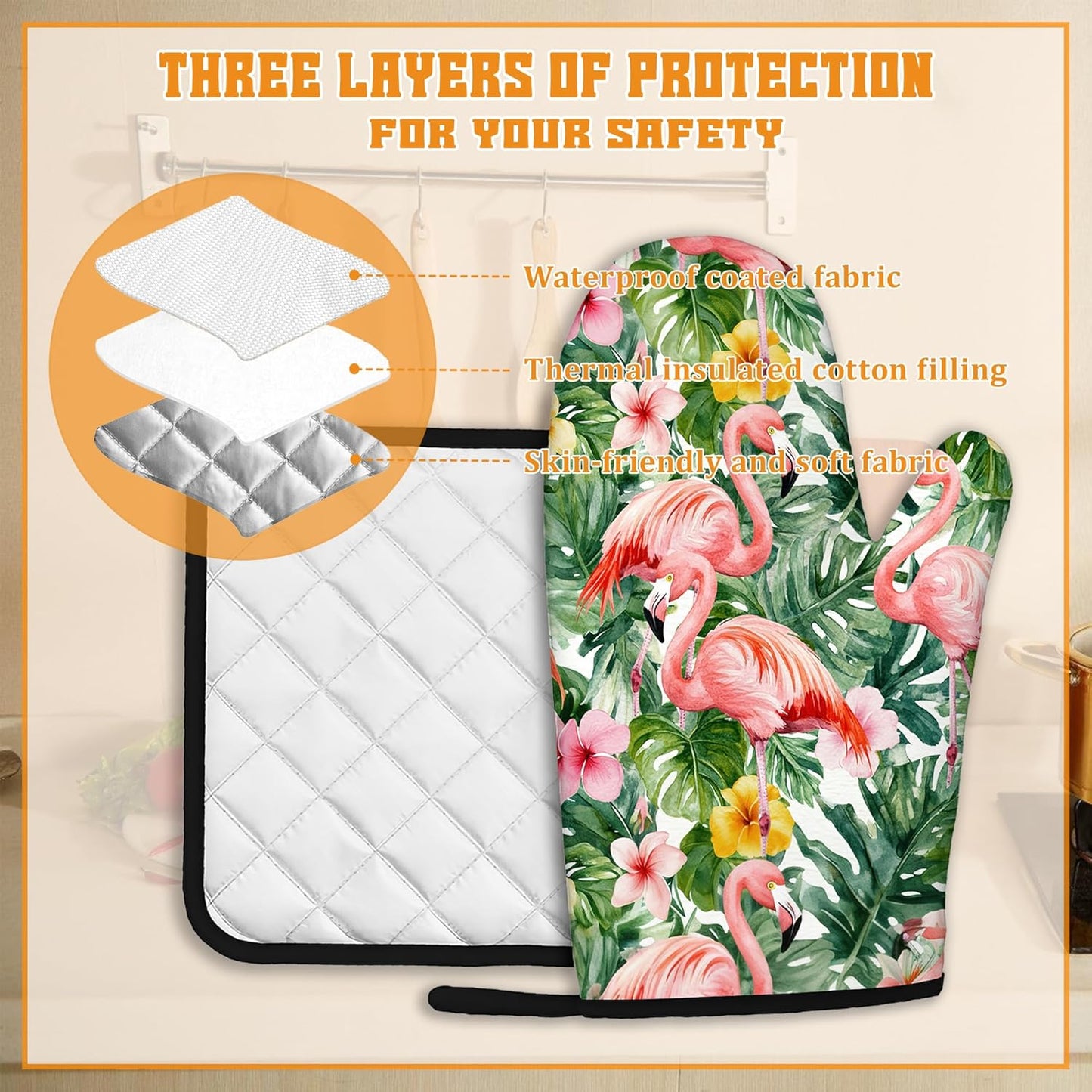 Palm Leaf Oven Mitts and Pot Holders Set,Flamingo Tropical Kitchen Oven Gloves and Pot Holder with Heat Resistant Non Slip for Cooking Baking Grilling(4 Piece Set)