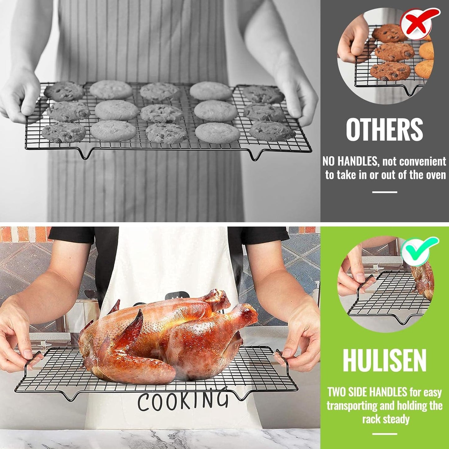 HULISEN 4 Pack Cooling Racks - 16" x 10", Nonstick Wire Baking Rack with Handle fits Half Sheet Pan for Cooking, Roasting, Grilling, Drying, Metal Mesh Cookie Rack for Cooling Cake, Oven Safe