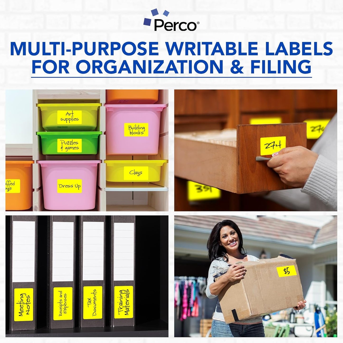 Perco Fluorescent Yellow Labels 3x5 Inch 500 Stickers/Roll with Easy Peel Perforation and Strong Adhesion for Inventory Management, Color Coding, Moving Boxes, Retail, Organizing & Crafts–Made in USA
