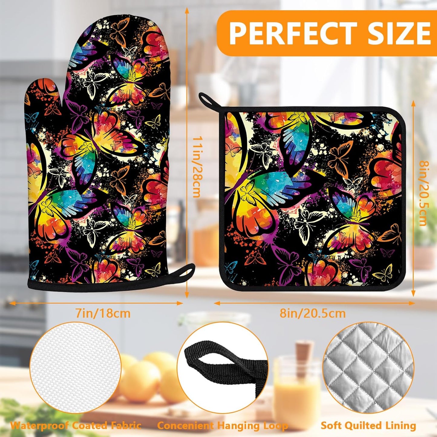 Colorful Butterfly Oven Mitts and Pot Holders Sets 4Pcs,Extra Long Oven Gloves Potholder for Kitchen Cooking Baking BBQ 100% Cotton Heat Resistant
