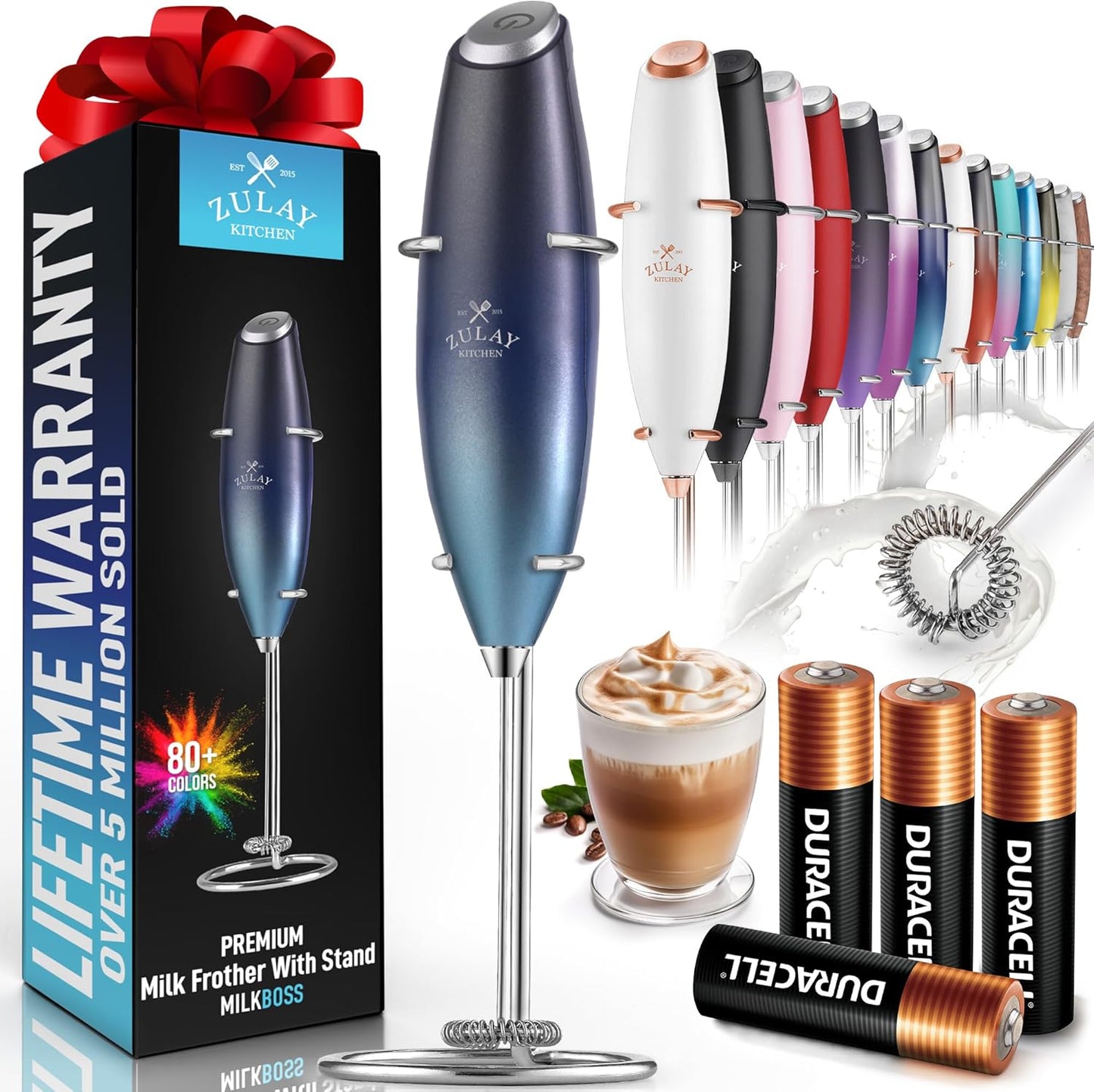 Zulay Kitchen Powerful Milk Frother Wand With 4 AA Duracell Batteries - Ultra Fast Handheld Drink Mixer - Electric Whisk Foam Maker for Coffee, Lattes, Cappuccino, Matcha & Creamer -