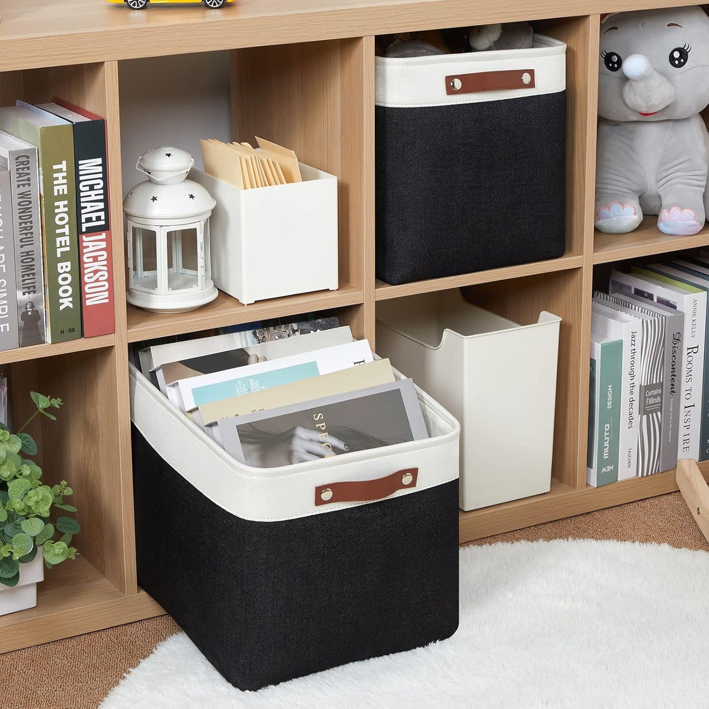 HNZIGE Decorative Organizer Baskets for Shelves 16"×11.8"×11.8" Large Storage Bins with Leather Handles (2 Pack) Foldable Storage Basket for Storage Bedroom, Balcony, Home, Laundry (Black&White)