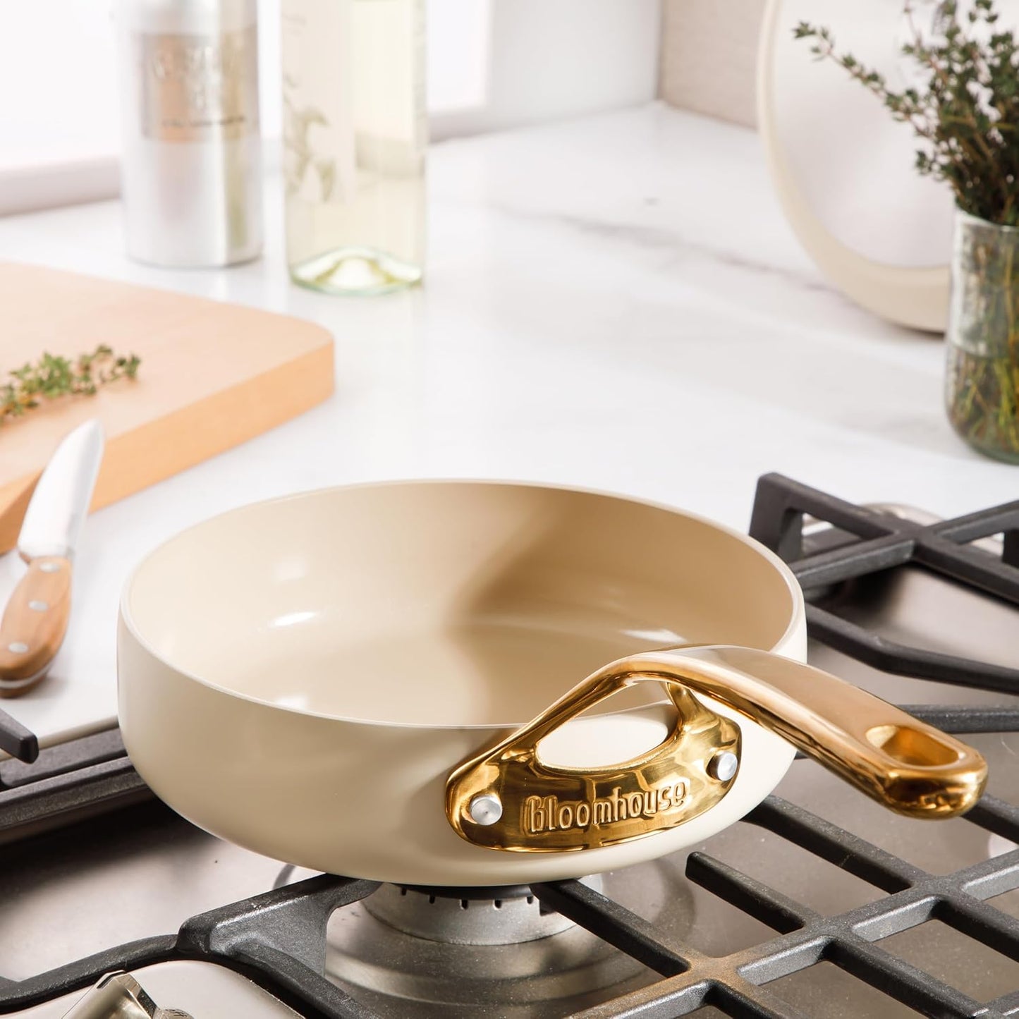 bloomhouse 8 Inch Heavy Duty Aluminum Premium PFA Free Ceramic Nonstick Saute/Deep Frying Pan Skillet - Almond Cream w/Gold Handle