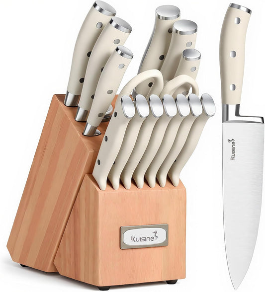 KUISINE Knife Set High Carbon Stainless Steel Ultra Sharp Blade Ergonomic Handle,Knife Block Set with Built-in Sharpener(Ivory Acacia,15PCS)