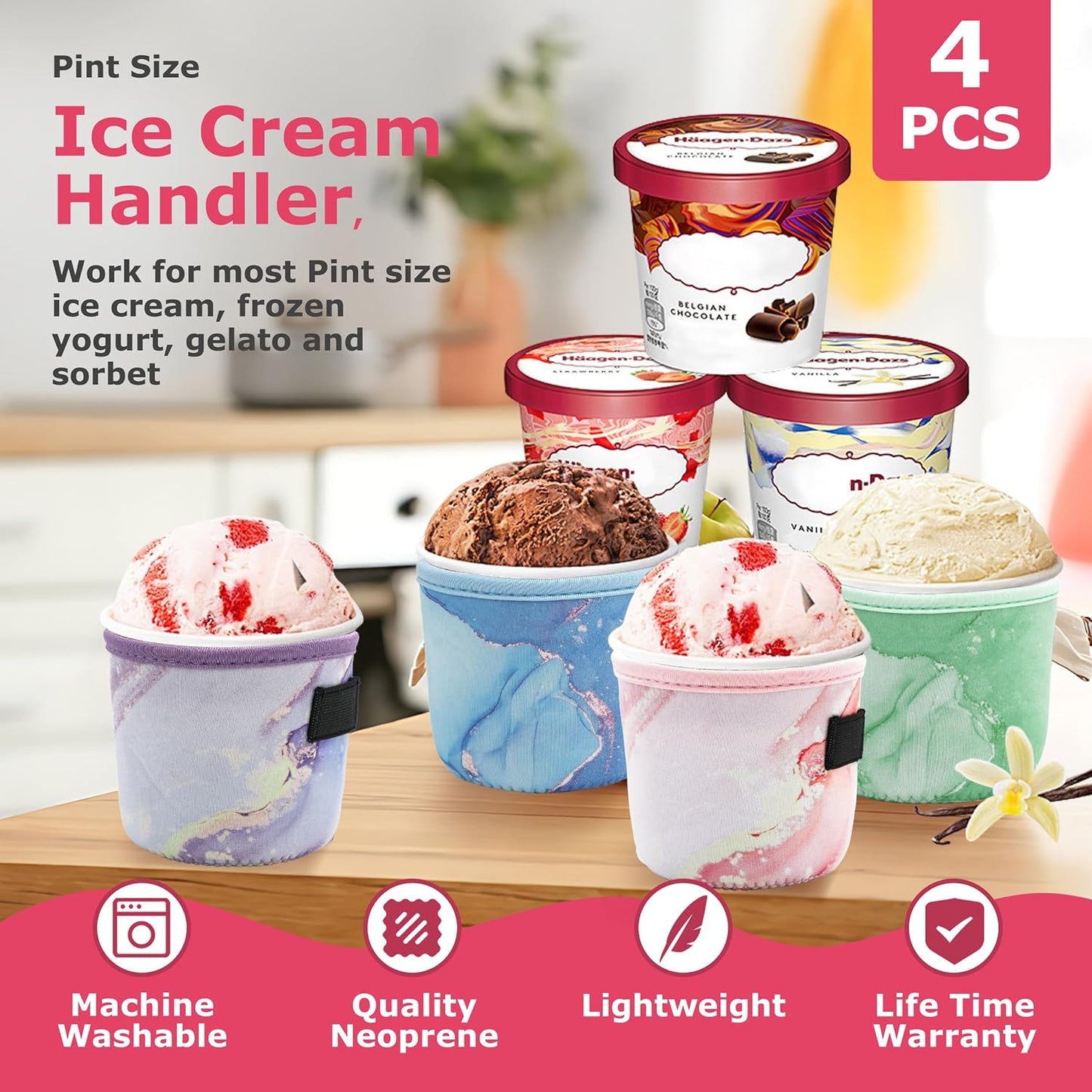 4 Pack Pint Size Ice Cream Sleeves Cozy Neoprene Cover with Spoon Holder Reusable Insulators Cream Sleeves (4 Pack A)