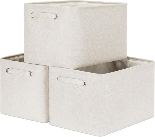 HNZIGE Large Fabric Storage Baskets for Storage 3 Pack Shelf Closet Storage Bins Baskets for Organizing Linen Cloth Decorative Baskets Organizers Home Nursery Toy Cream 15“ x 11” x 9“