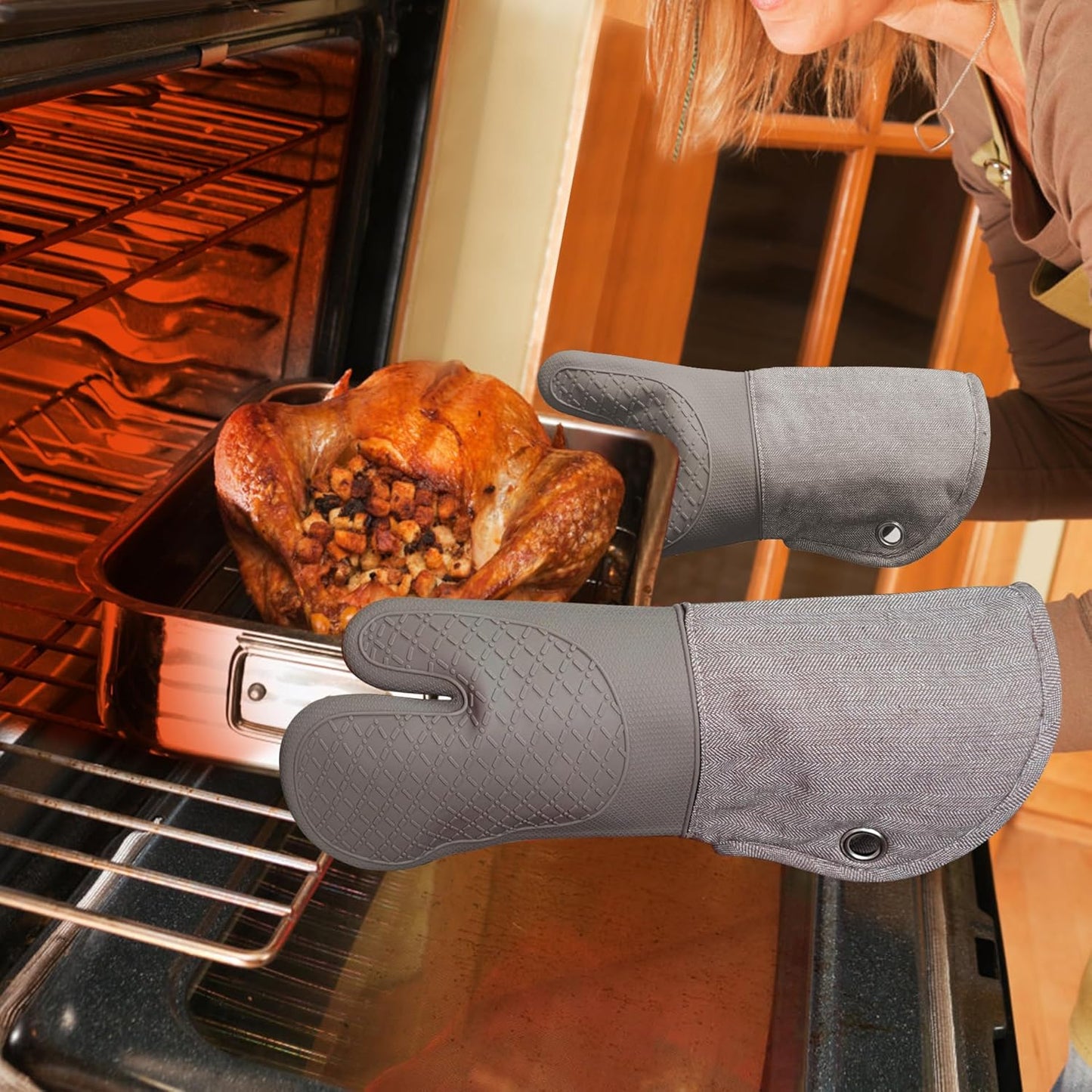 Professional Microwave Silicone Oven Mitts one Pair, Kitchen Mitten Set for Heat Resistant with 500 Degrees, Kitchen Gloves Pot Holder for BBQ Cooking Baking (Khaki)