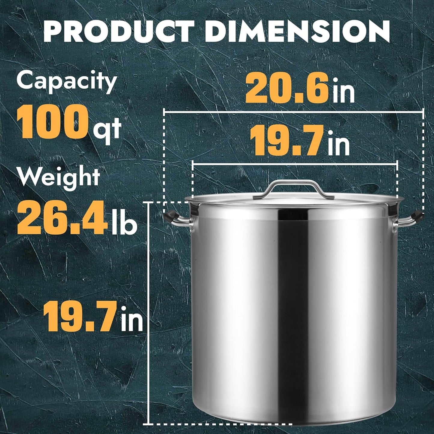 CURTA 100 Quart Large Stock Pot with Lid, NSF Listed, 3-Ply Clad Base, 18/8 Stainless Steel Cooking Pot, Commercial Cookware, Induction Ready, 19.7"D x 20.6"W x 19.7"H