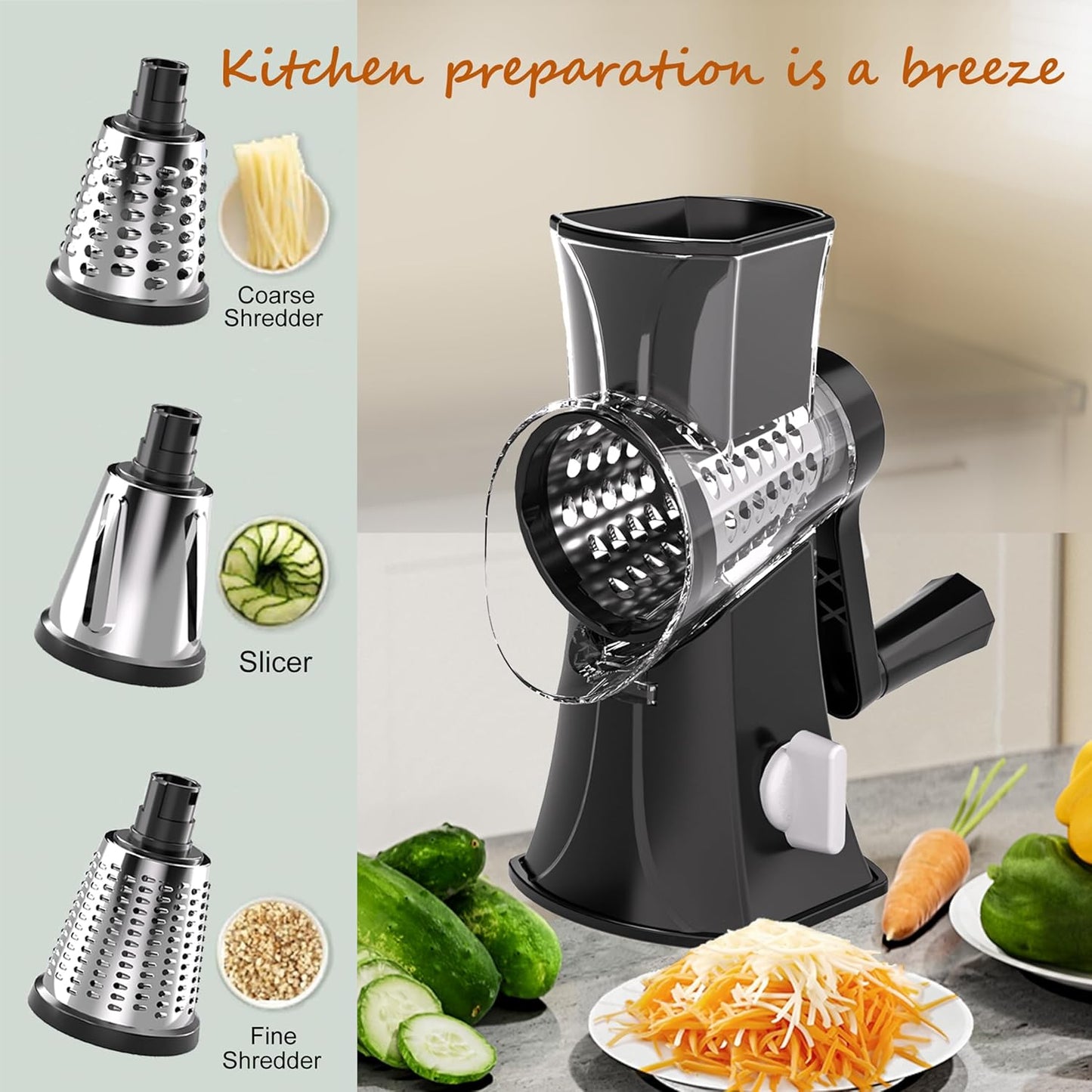 3-in-1 Rotary Cheese Grater Vegetable Slicer, 3 Interchangeable Blades Food Shredder with Anti-Slip Reinforced Suction Base, Kitchen Mandoline Chopper (Black)