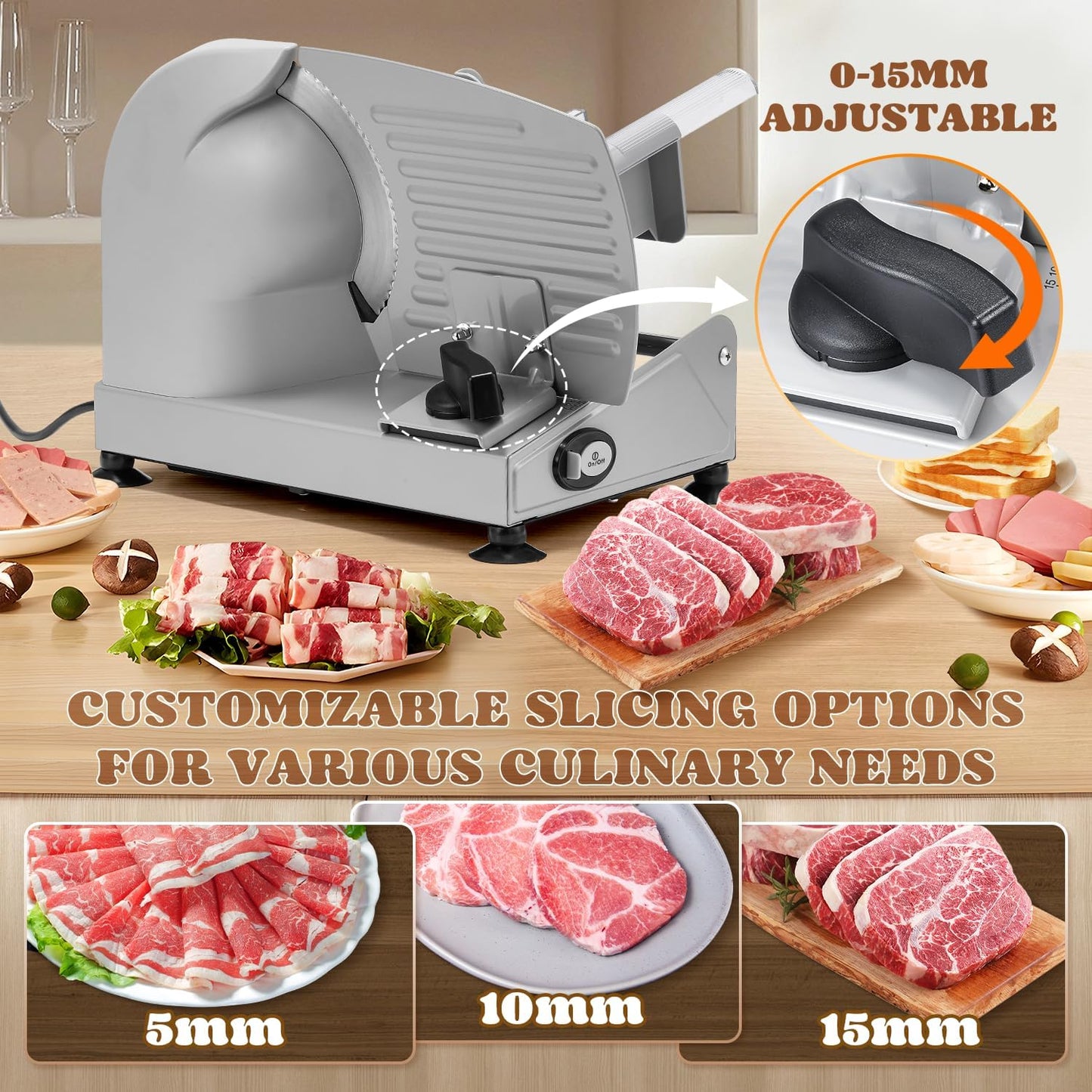 Moongiantgo Meat Slicer 200W With 2 Removable 7.5’’ Stainless Steel Blades, Deli Food Slicer 0-15MM Thickness Adjustable, Child Lock Protection, Meat Fruit Cheese Bread Slicer Machine, 110V