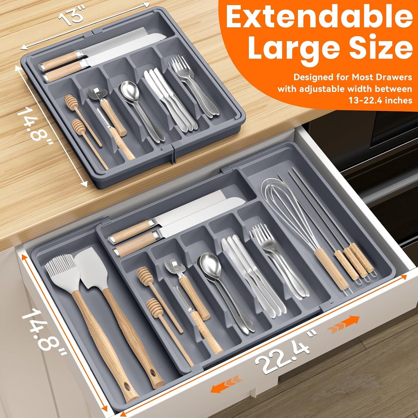 Large Silverware Organizer,Expandable Utensil Drawer Organizer,BPA Free Utensil Holder,Adjustable Silverware Tray Cutlery Drawer Organizer for Kitchen Flatware,Large,Grey (6-8 Slots)