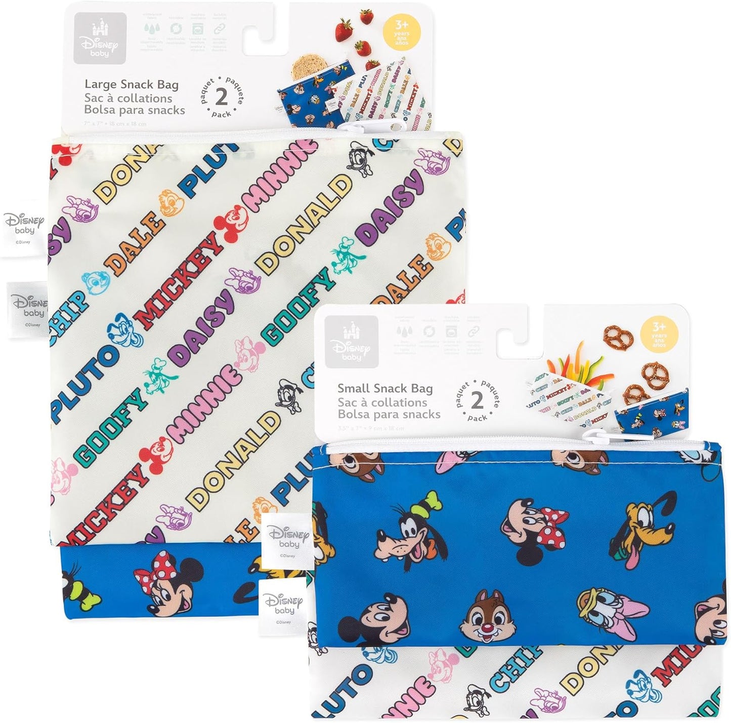 Bumkins - Cloth Snack & Sandwich Bags - For Storage, Travel, Food Prep, Lunch - Reusable, Water Resistant, Washable, Dishwasher Safe - Snack Bags for Kids -Zipper Closure -Mickey & Friends MVP -4 Pack