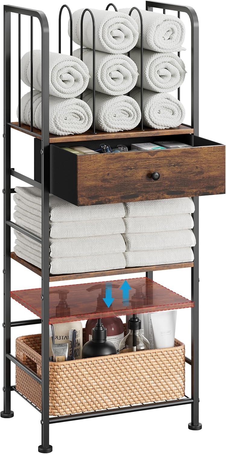Towel Rack Free Standing 3-Tier with Drawer and M-Shaped Detachable Dividers,Towel Holder with Adjustable Shelf, Towel Organizer Space Saving for Bathroom and Poolside Patent Pending